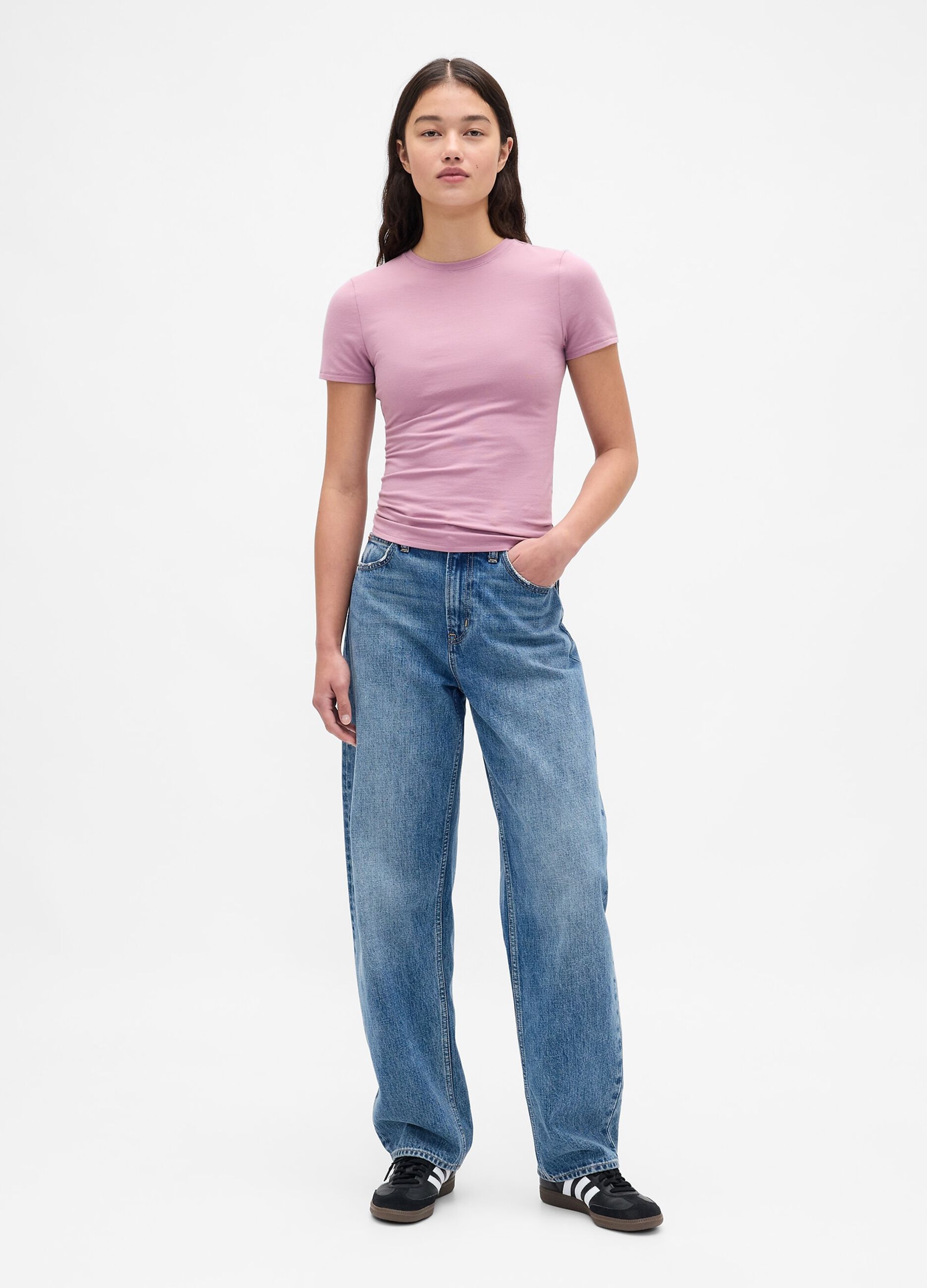 T-shirt rosa elasticizzata a maniche corte_1