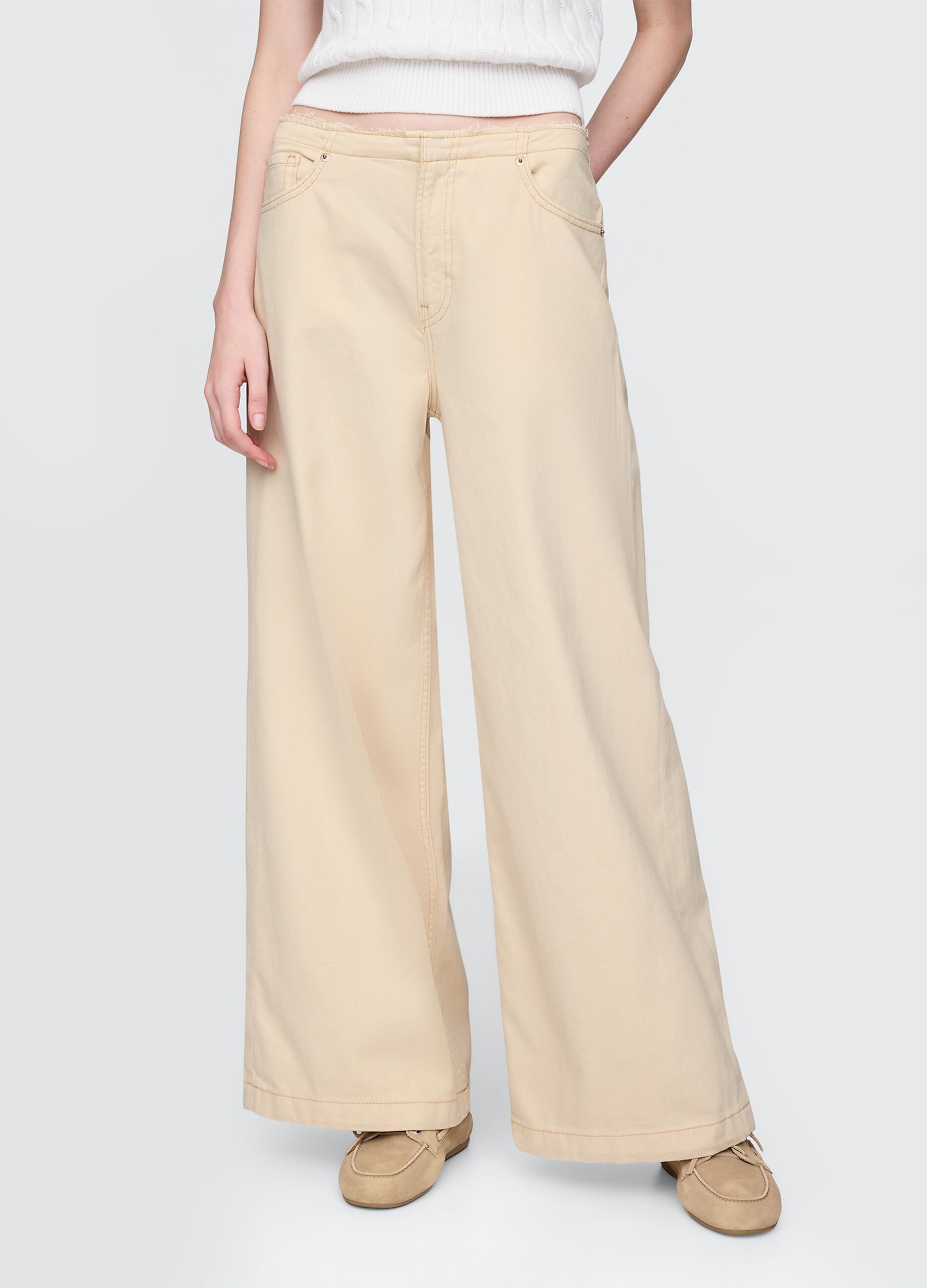 Pantaloni a zampa beige in cotone e Lyocell_1