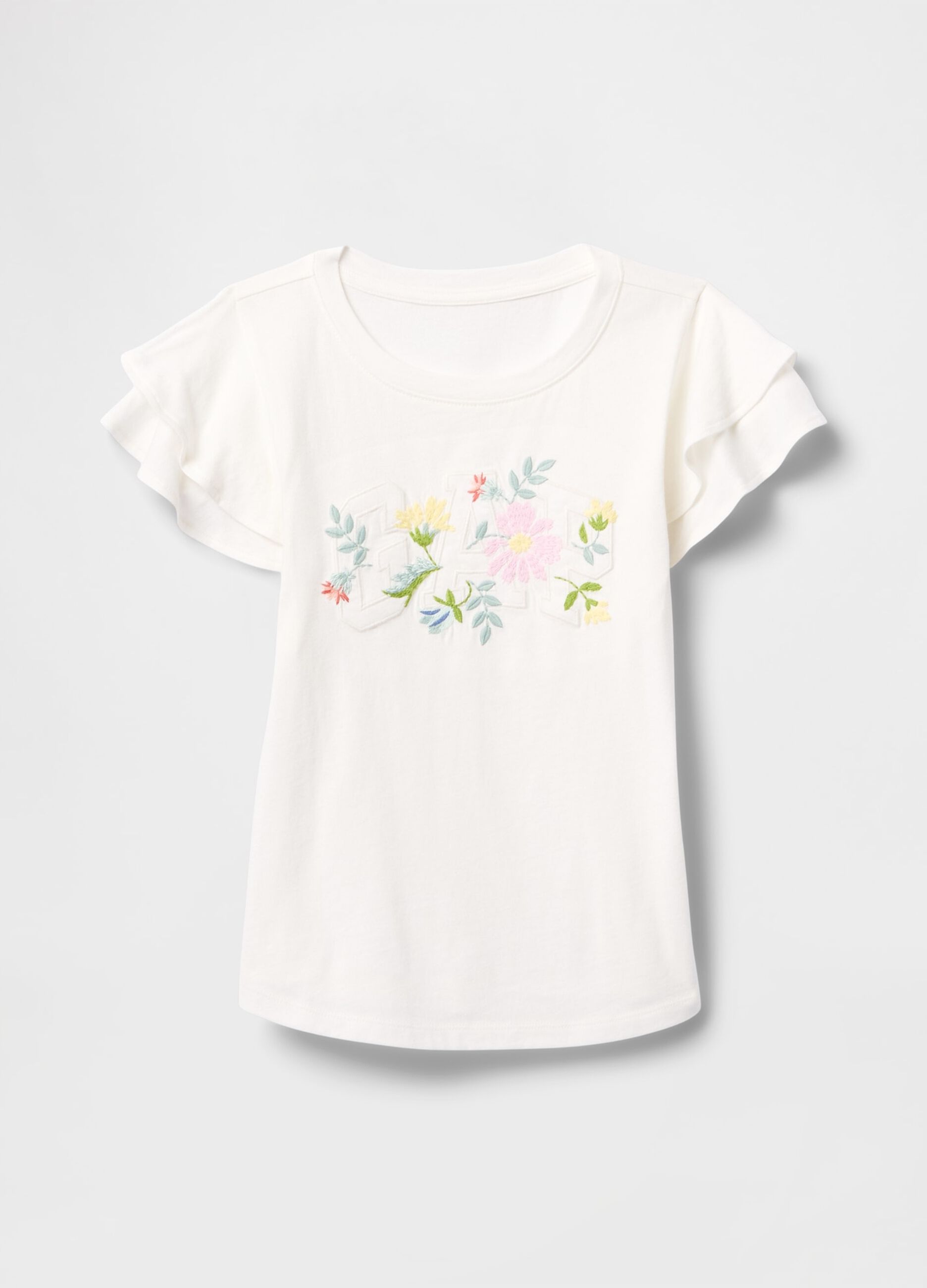 T-shirt a maniche corte bianca con volant e stampa floreale_3