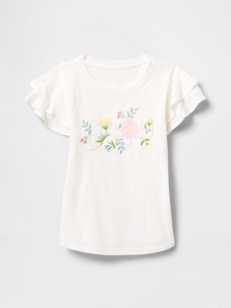 T-shirt a maniche corte bianca con volant e stampa floreale Bambina_3