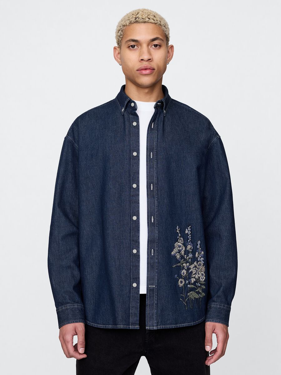 Camicia in denim ricamata con fiori Uomo_0