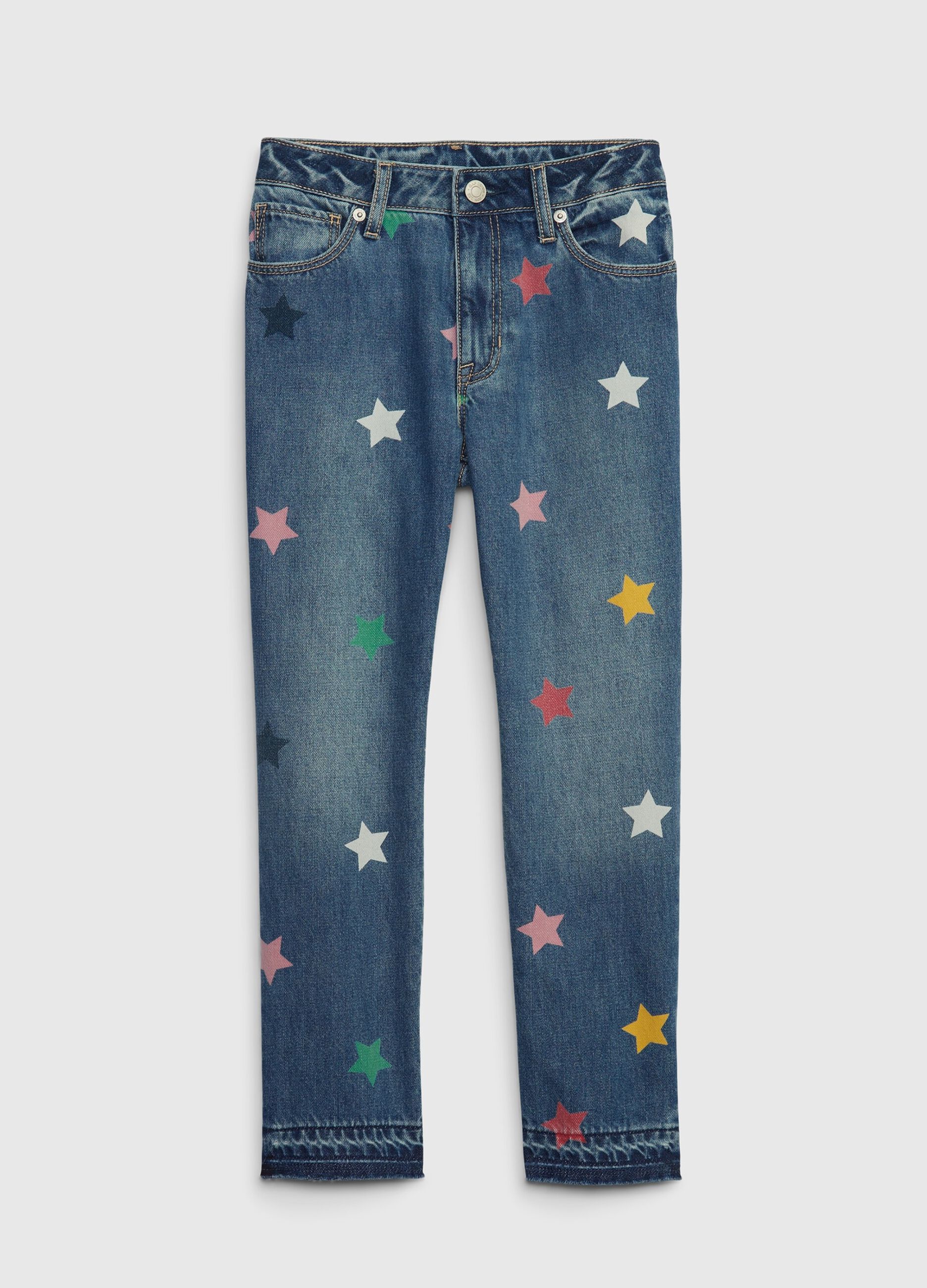 Jeans girlfriend con stampa stelle multicolor