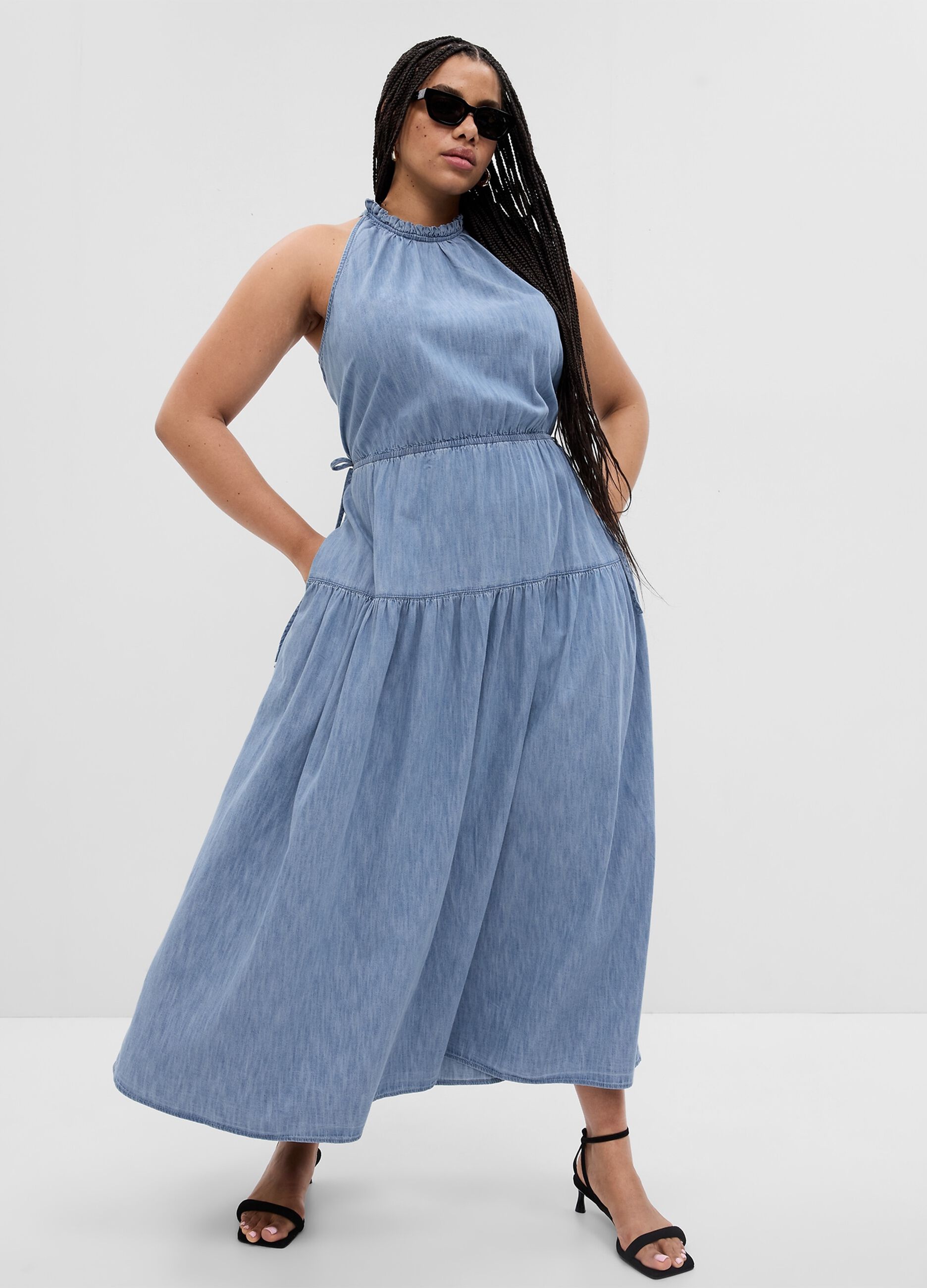 Abito lungo in denim scollo all'americana_3