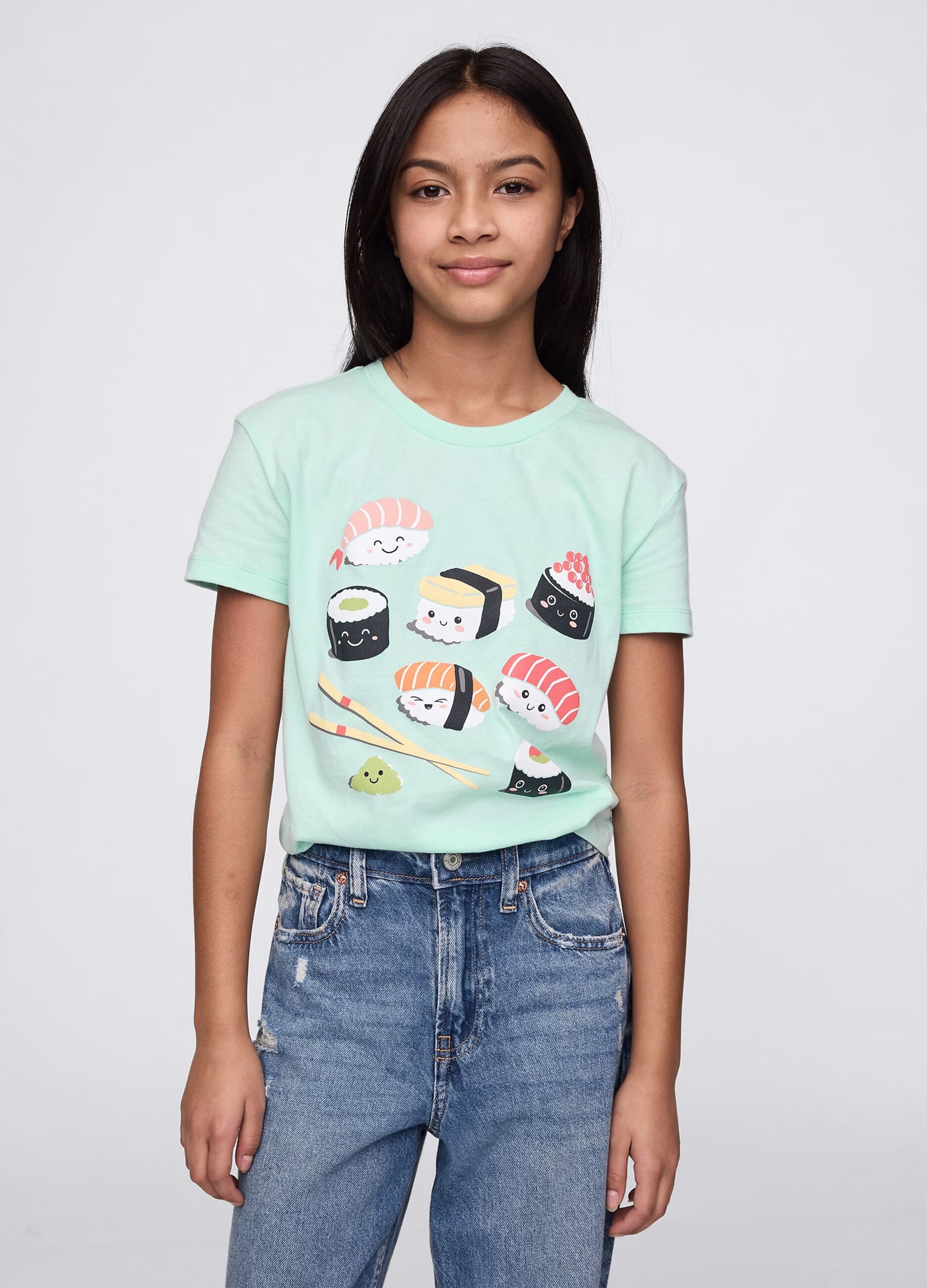 T-shirt verde in cotone con stampa sushi