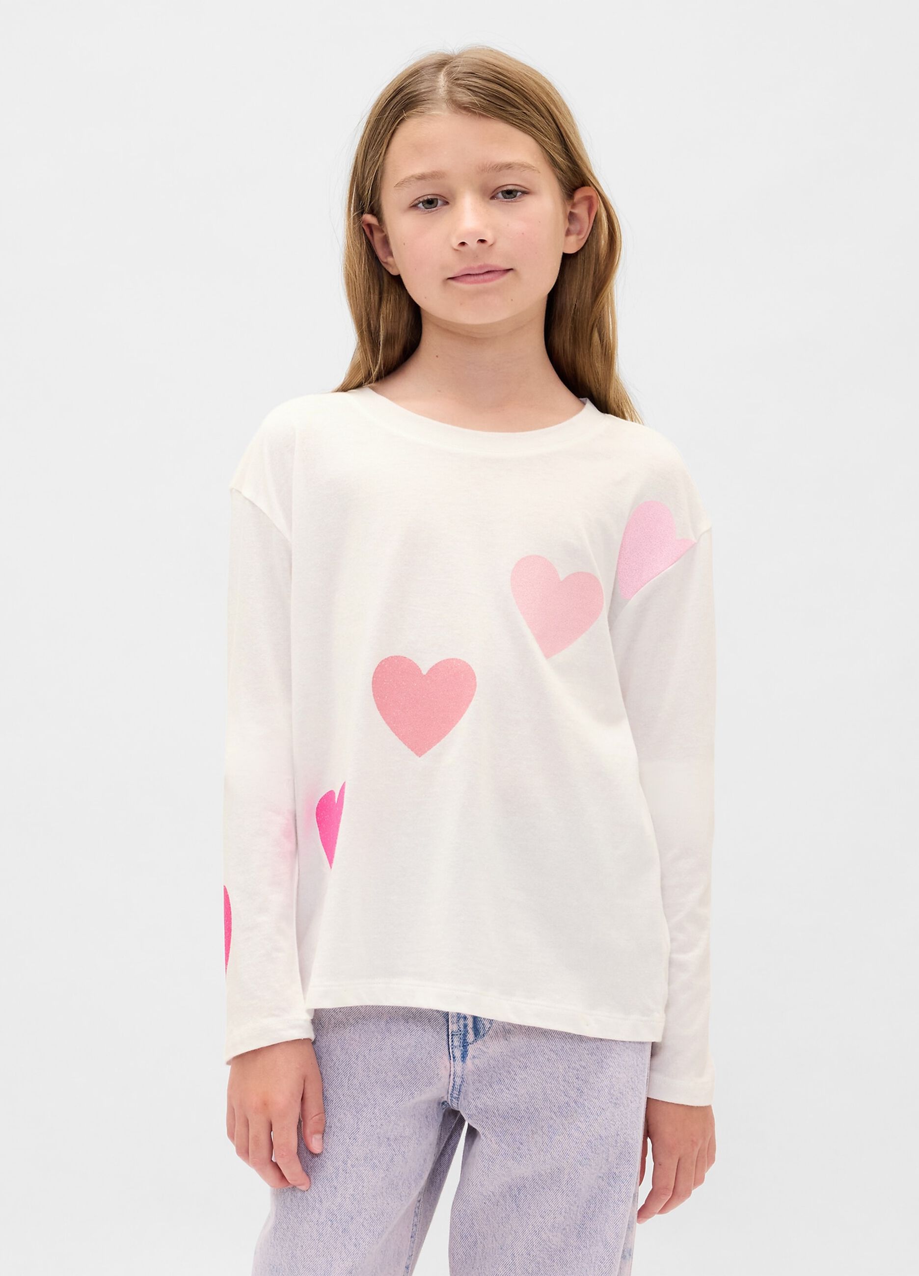 Maglietta a maniche lunghe bianca con cuori rosa
