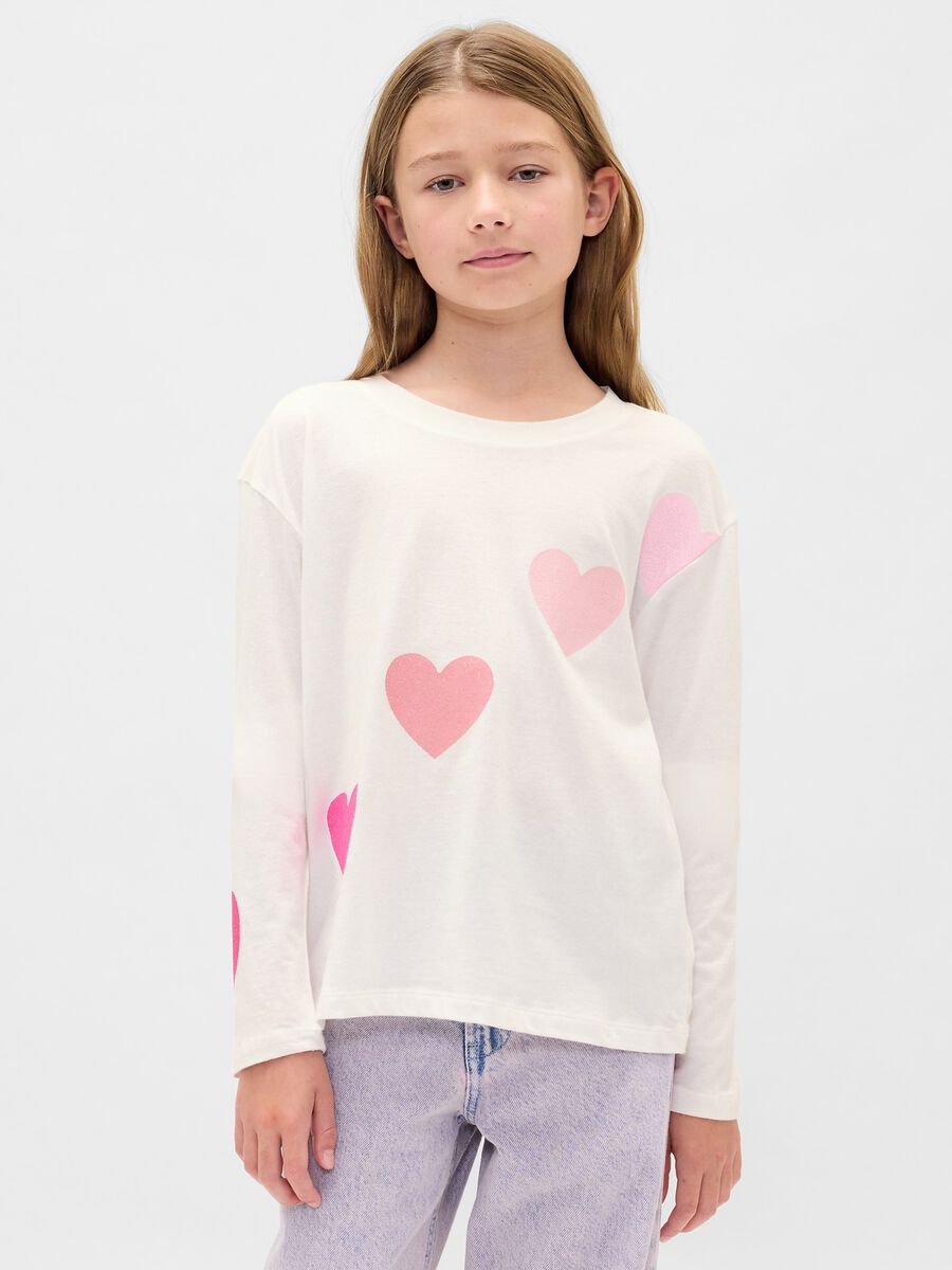 Maglietta a maniche lunghe bianca con cuori rosa Bambina_0