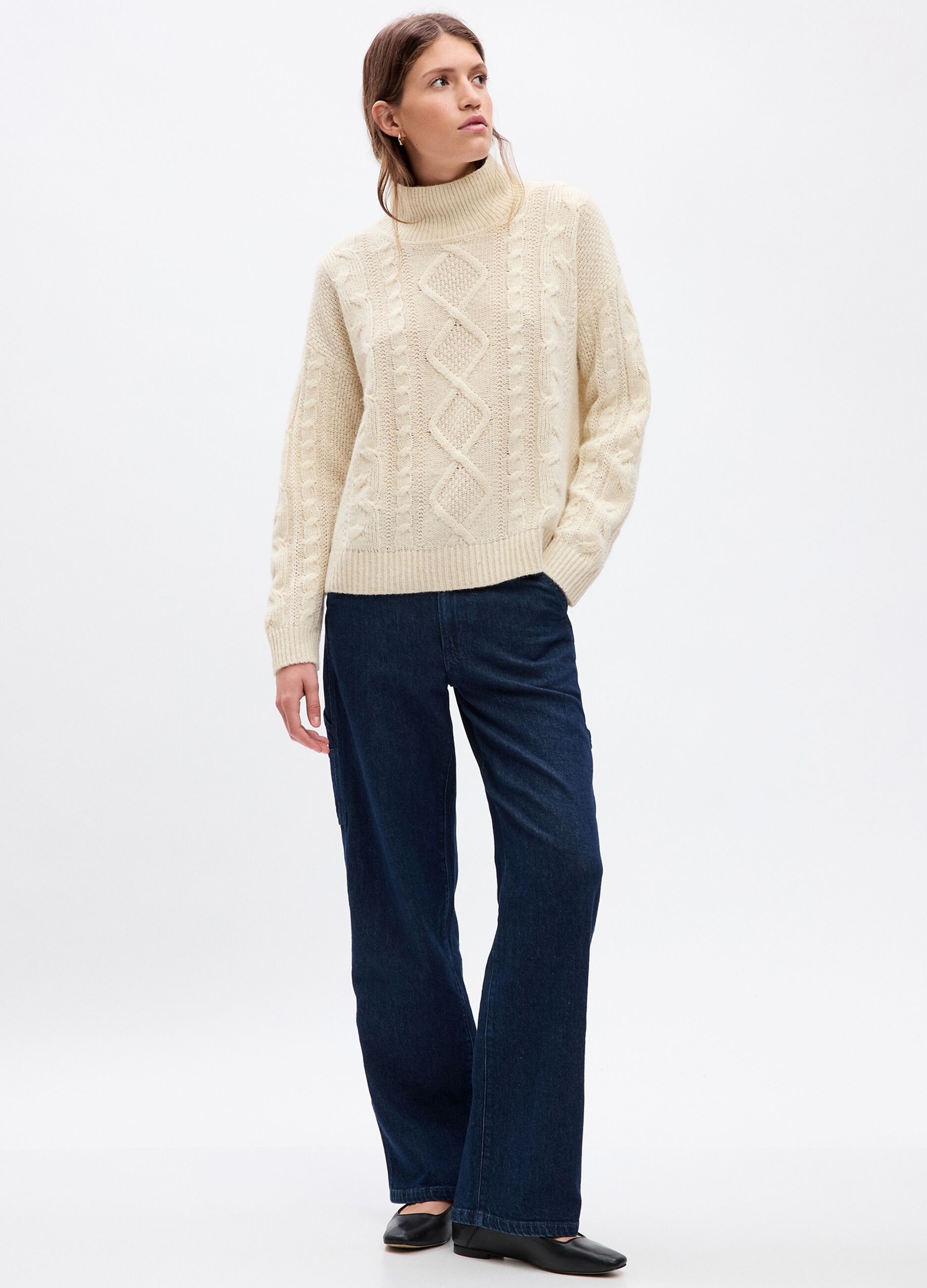Cable knit mock neck pullover