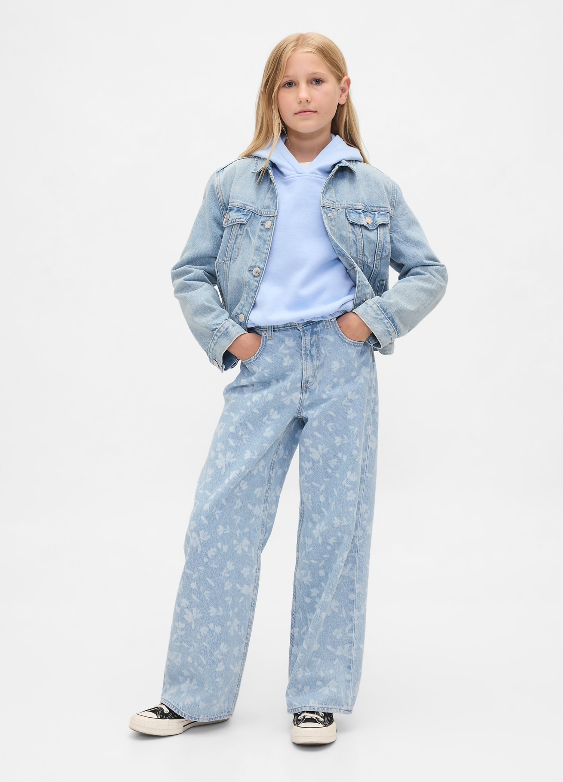 Pantaloni wide leg in denim floreale