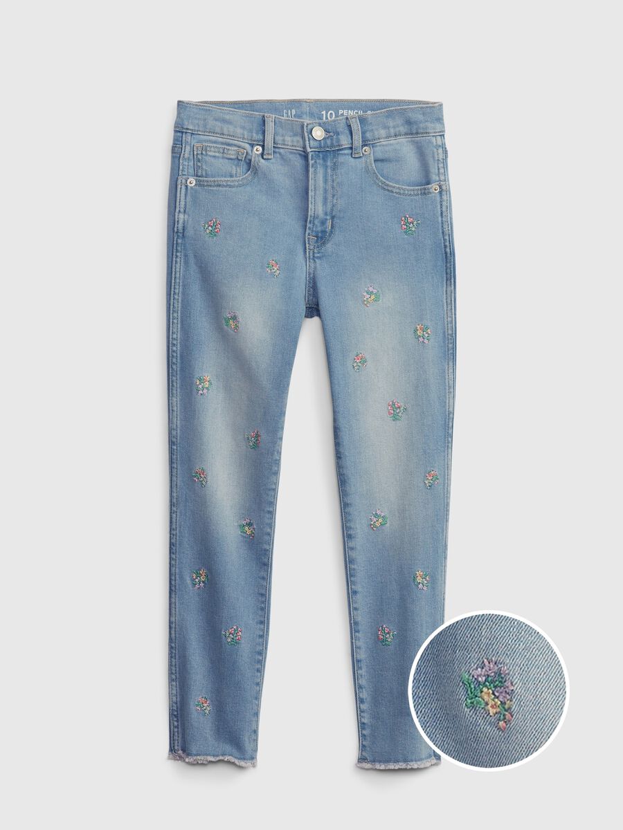 Jeans slim fit con ricamo fiori Bambina_0