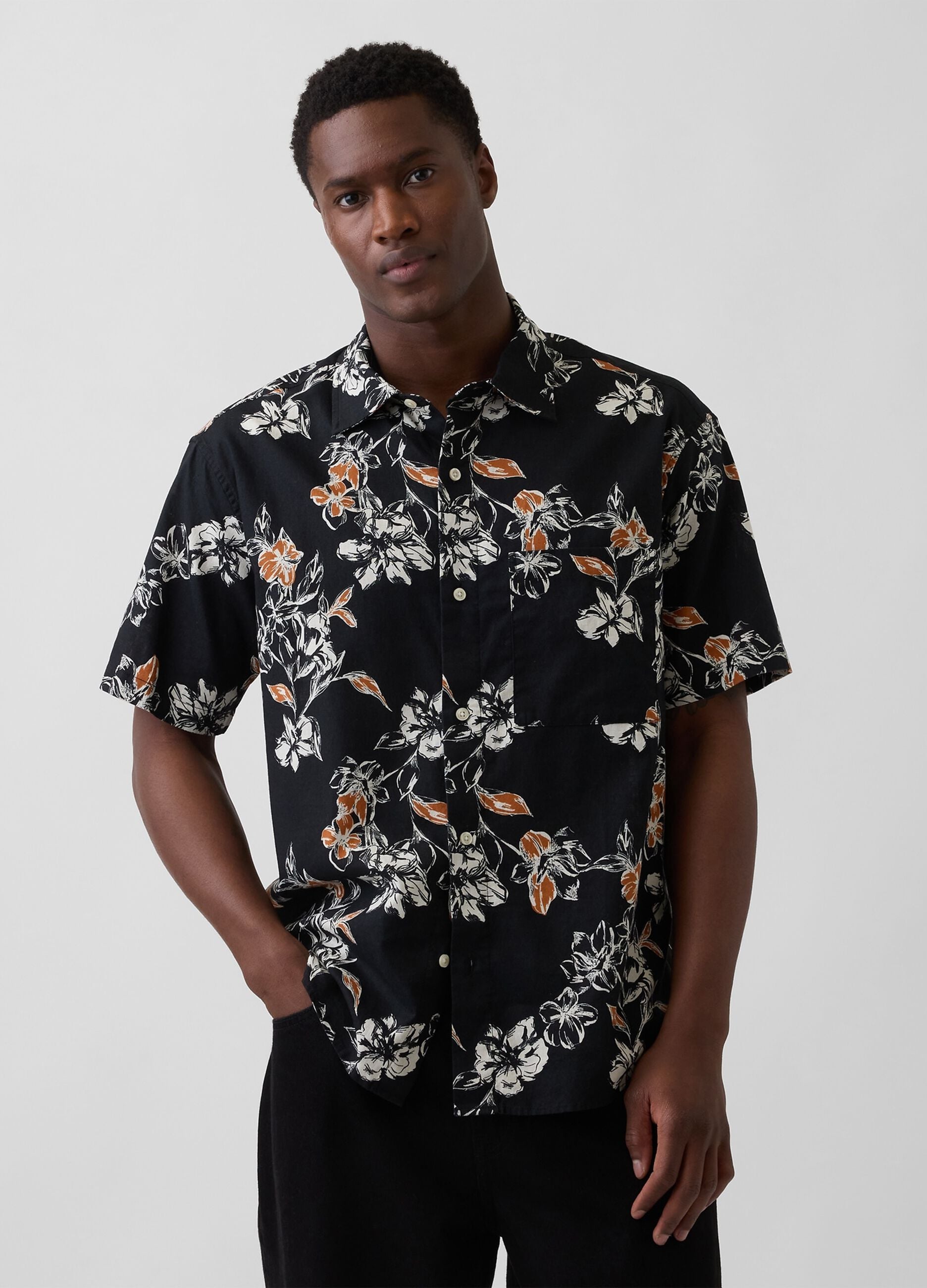 Camicia a fiori in misto lino e cotone