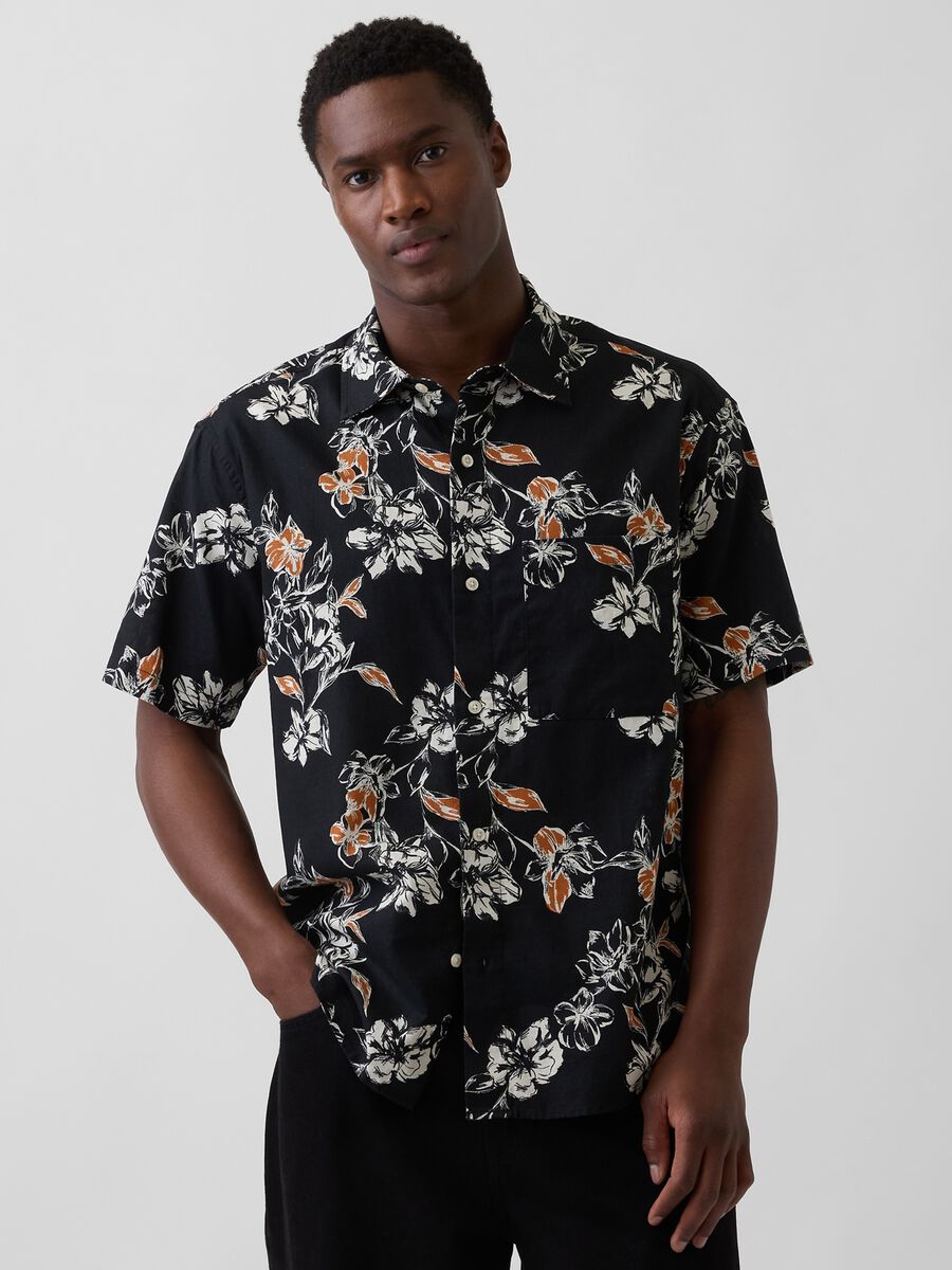 Camicia a fiori in misto lino e cotone Uomo_0