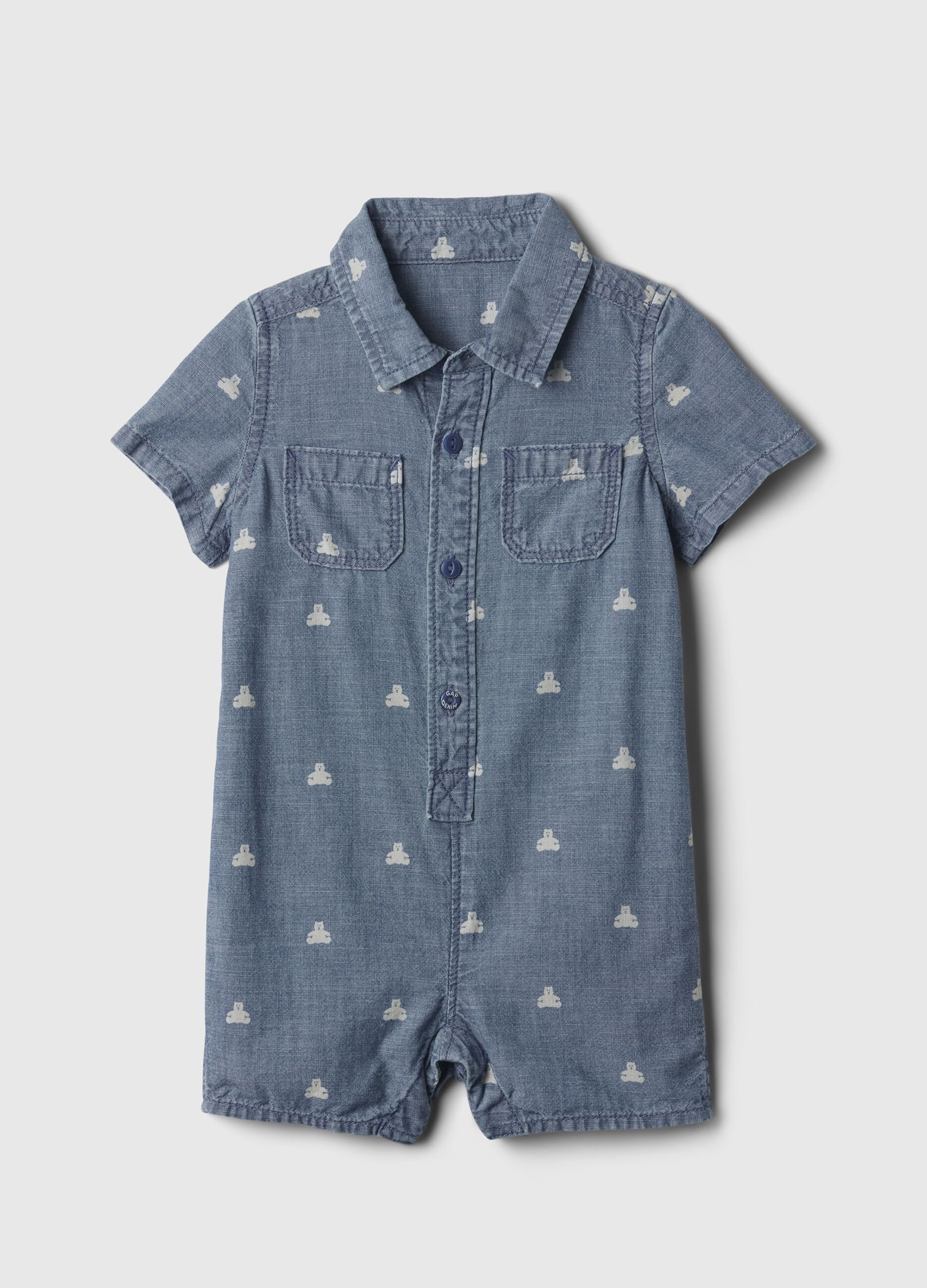 Denim romper suit with teddy bears print