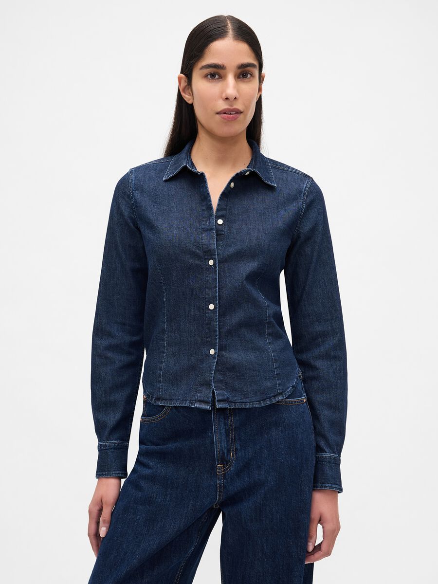 Camicia denim elasticizzata a maniche lunghe Donna_0