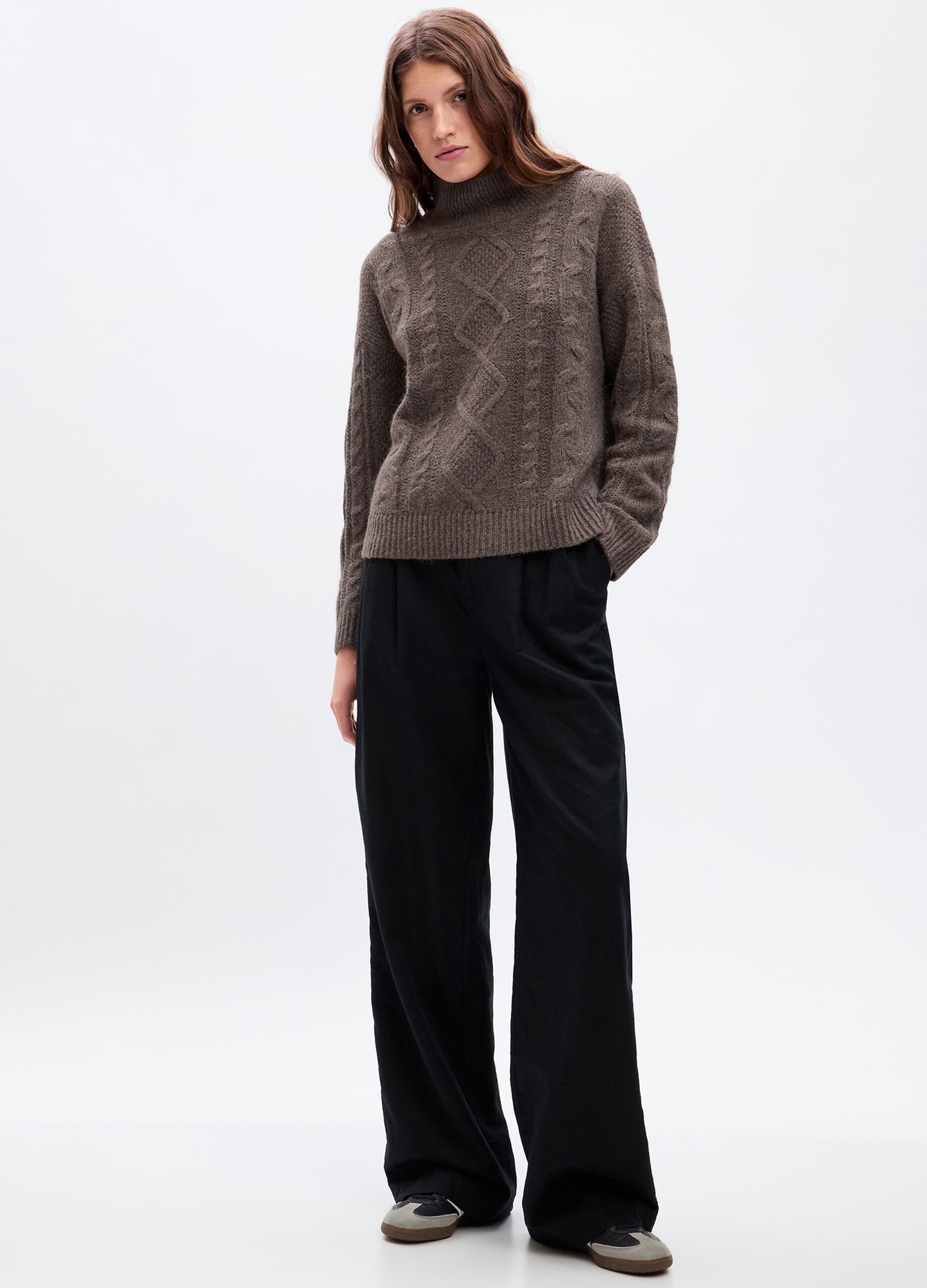 Cable knit mock neck pullover