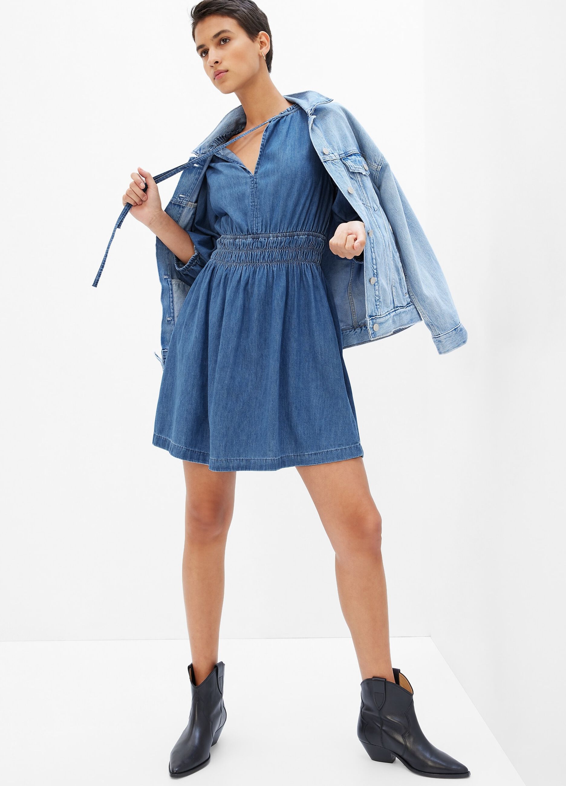 Denim dress with puff sleeves_0