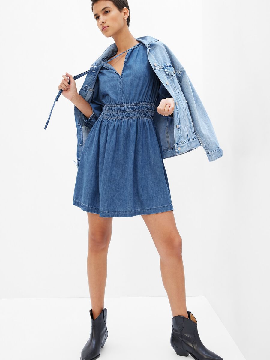 Denim dress with puff sleeves Woman_0