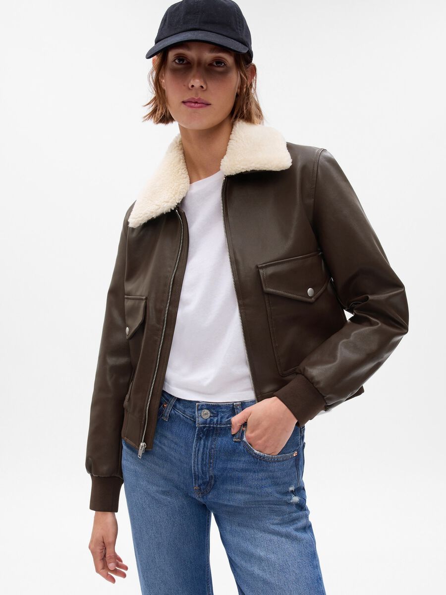 Glossy-effect bomber jacket with sherpa collar Woman_0