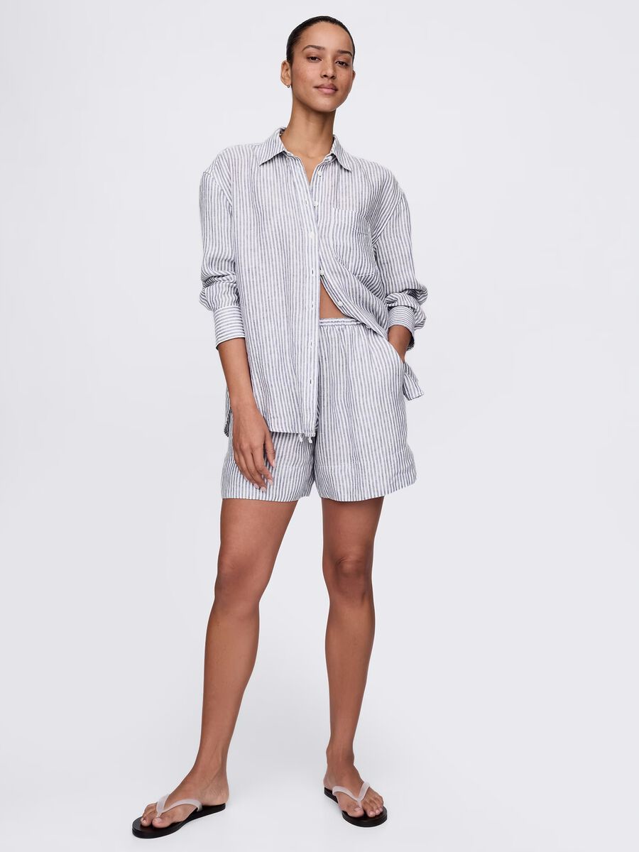 Camicia oversize a righe bianche e blu in lino Donna_1