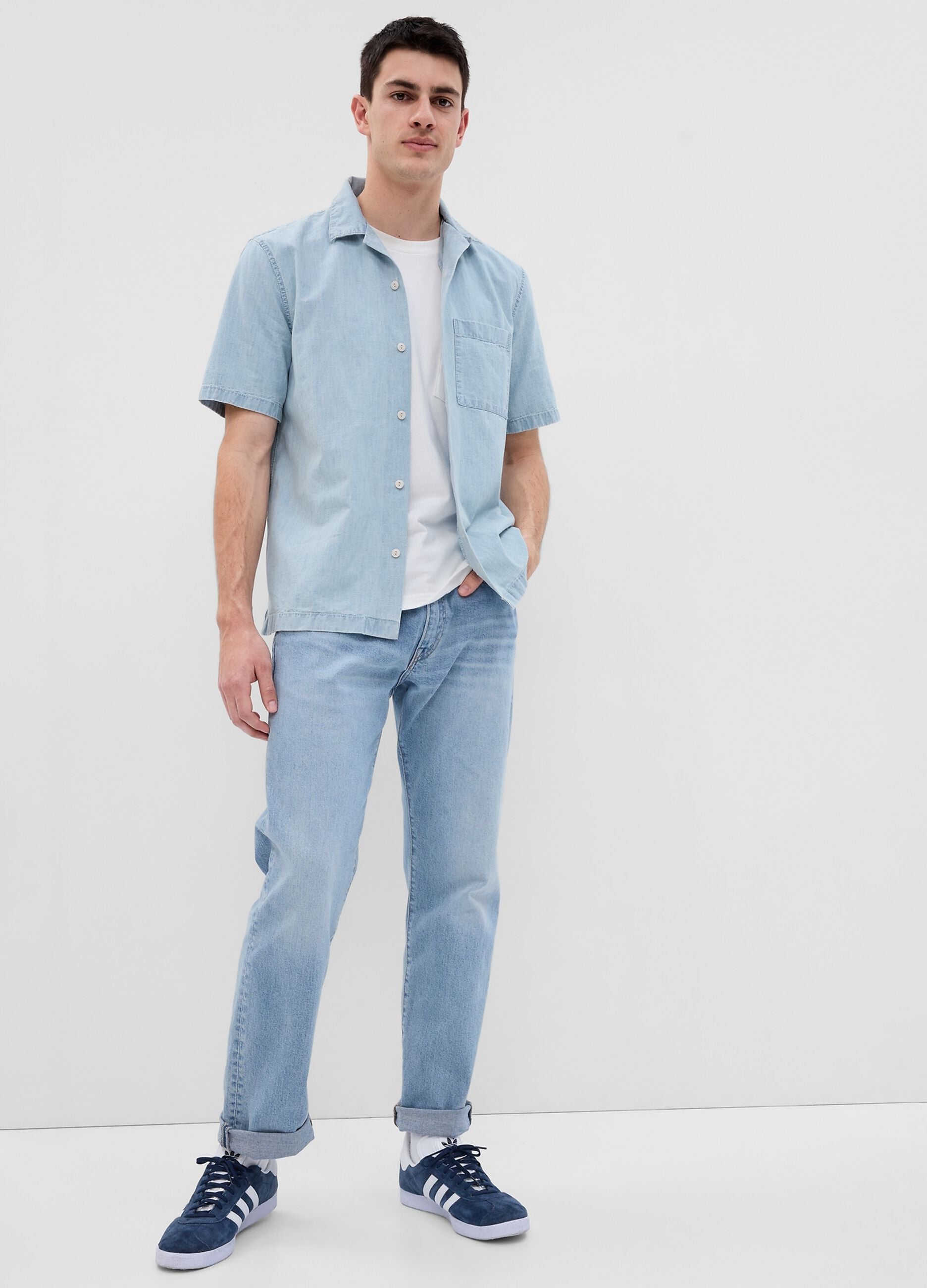 Short-sleeved shirt in chambray cotton