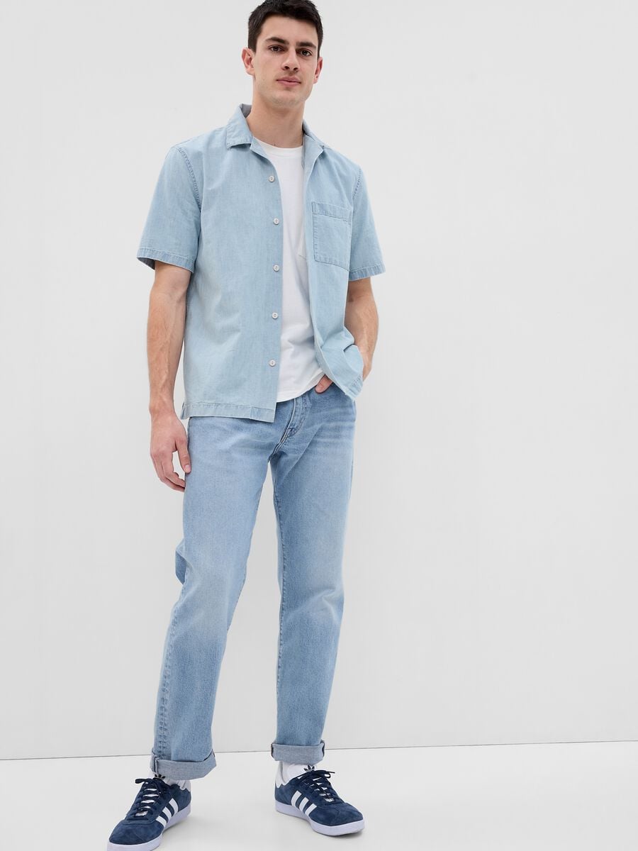 Short-sleeved shirt in chambray cotton Man_0