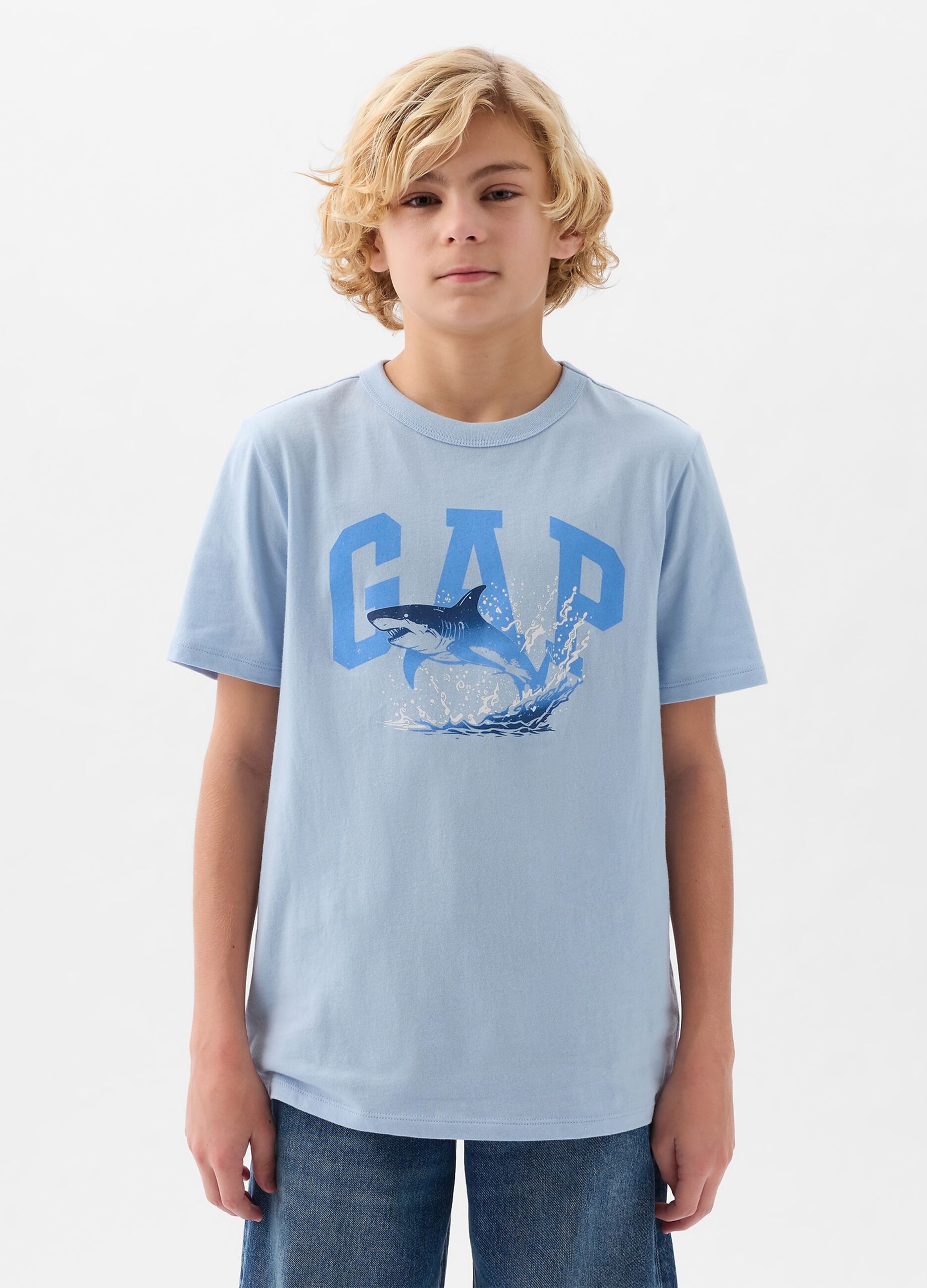 T-shirt in cotone stampa logo e squalo