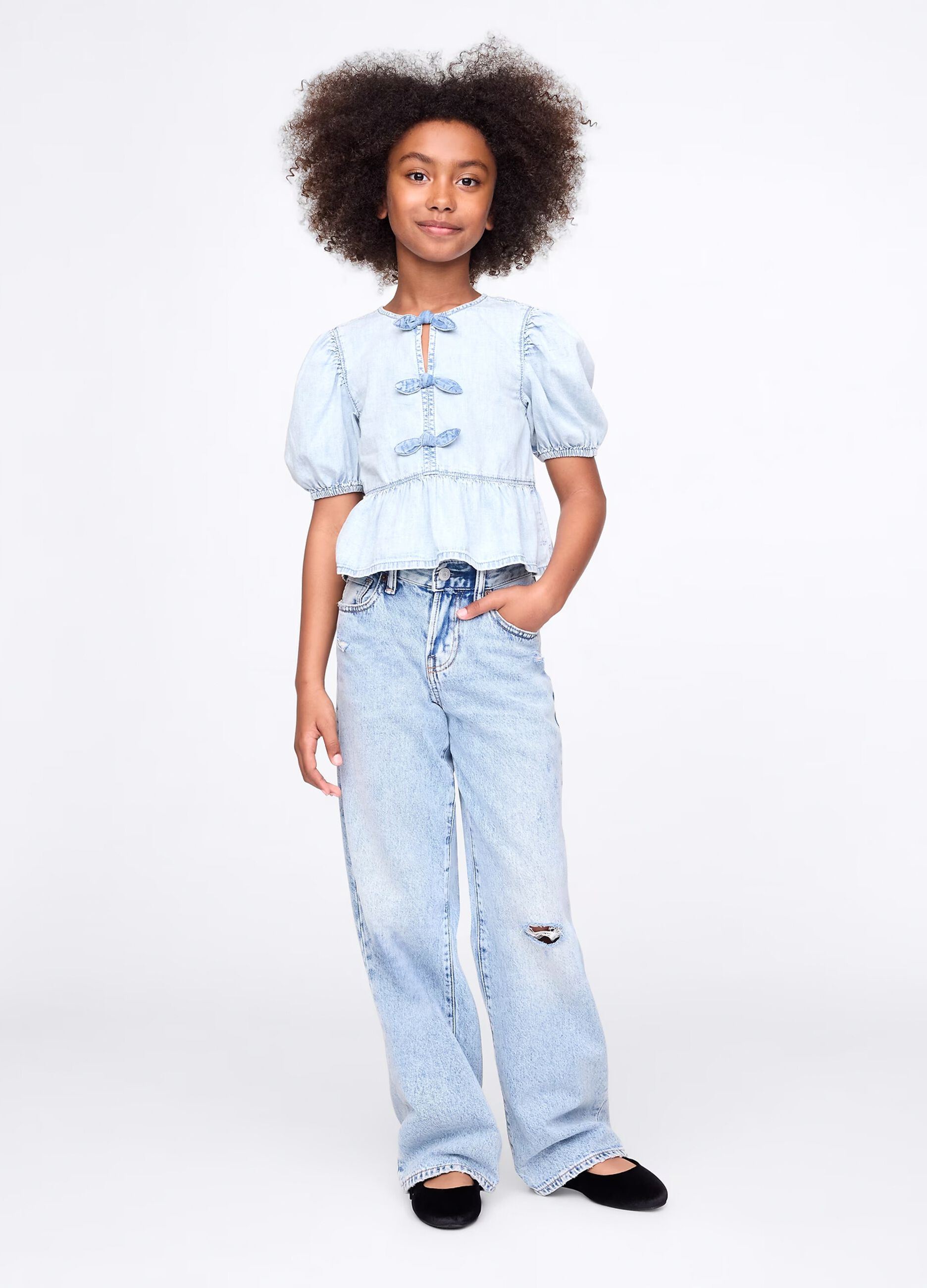 Camicia denim in cotone con fiocchetti_1