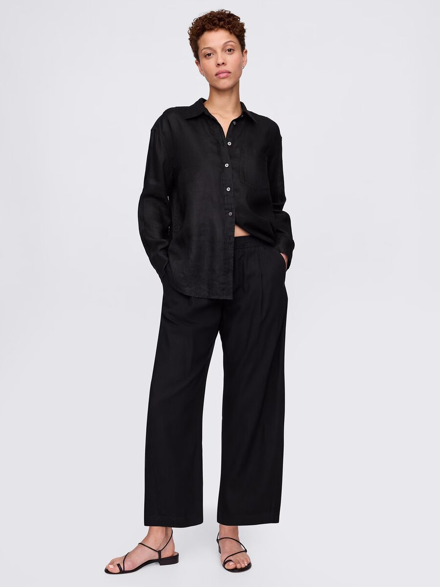 Pantaloni palazzo neri in lino e viscosa Donna_0