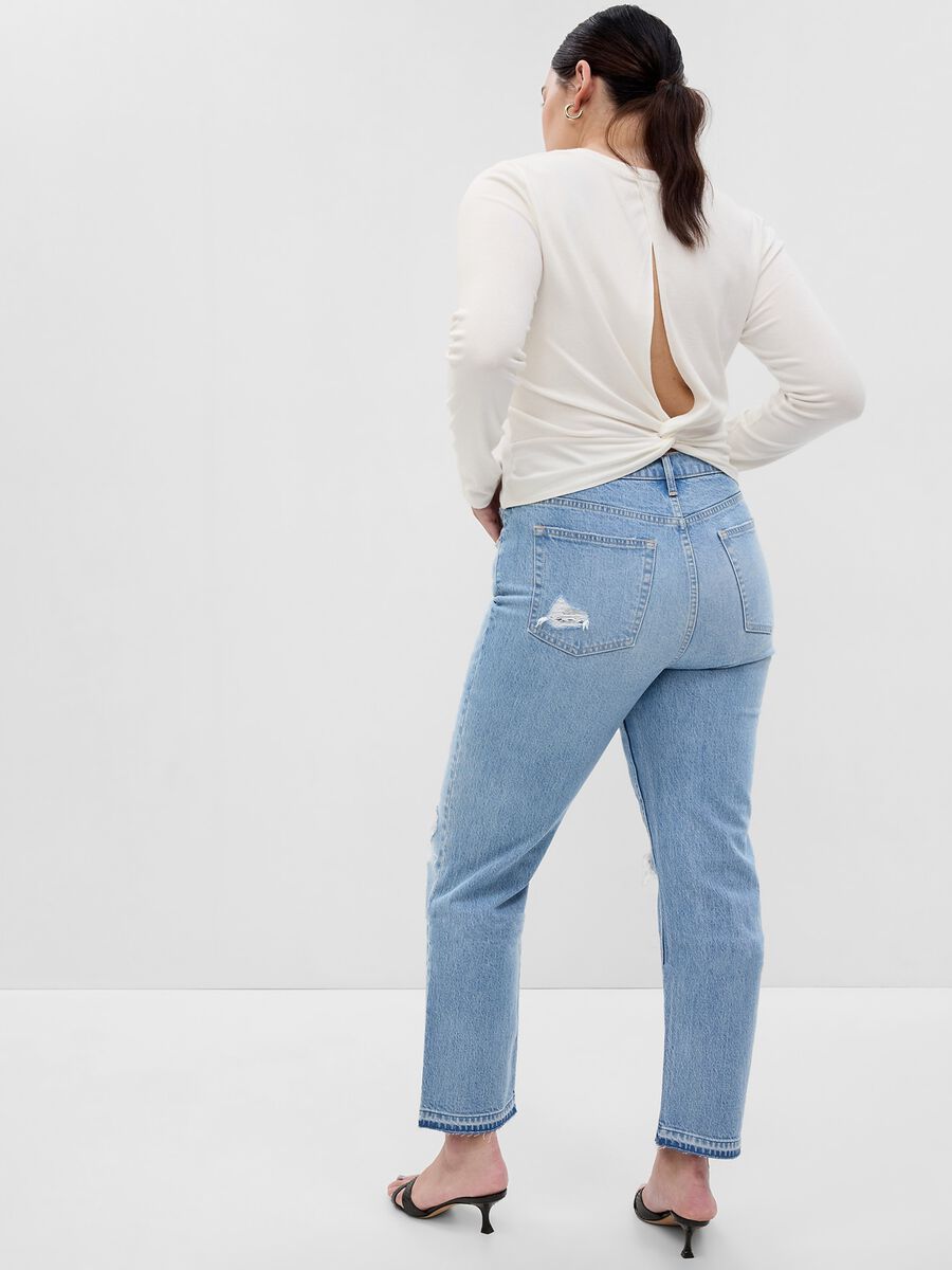 Jeans straight fit a vita alta con abrasioni Donna_4