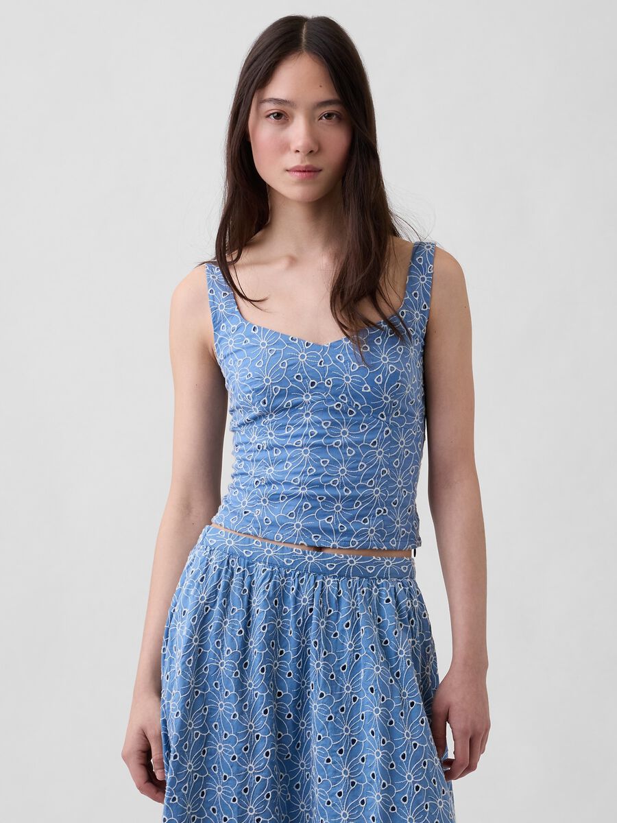Top in puro cotone con ricamo floreale traforato Donna_0