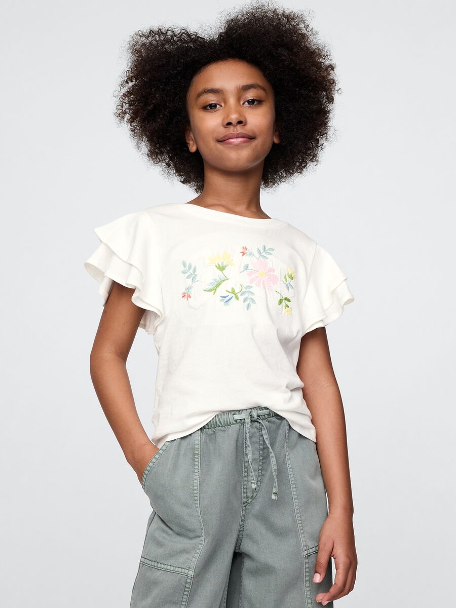 T-shirt a maniche corte bianca con volant e stampa floreale Bambina_0