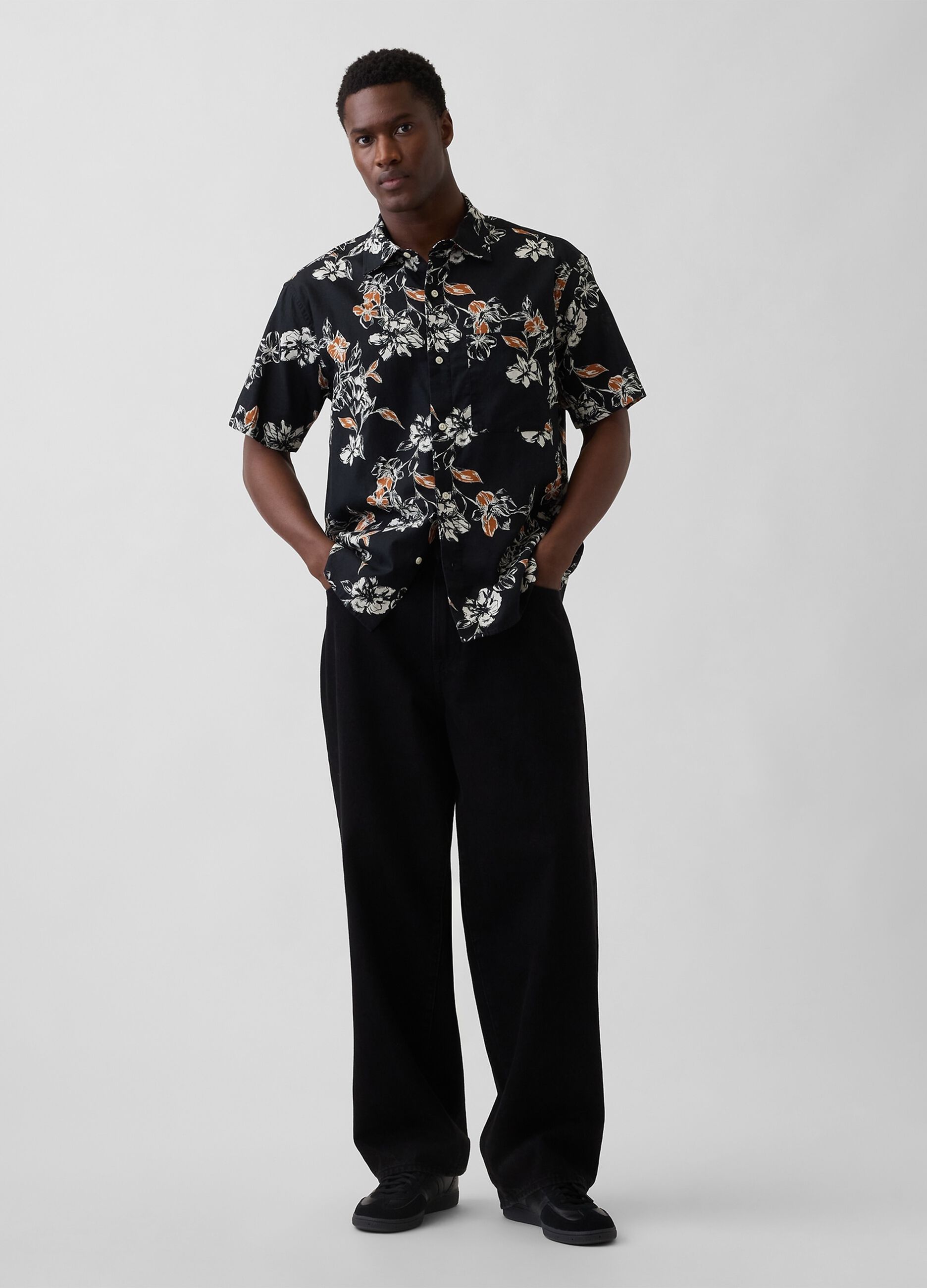 Camicia a fiori in misto lino e cotone