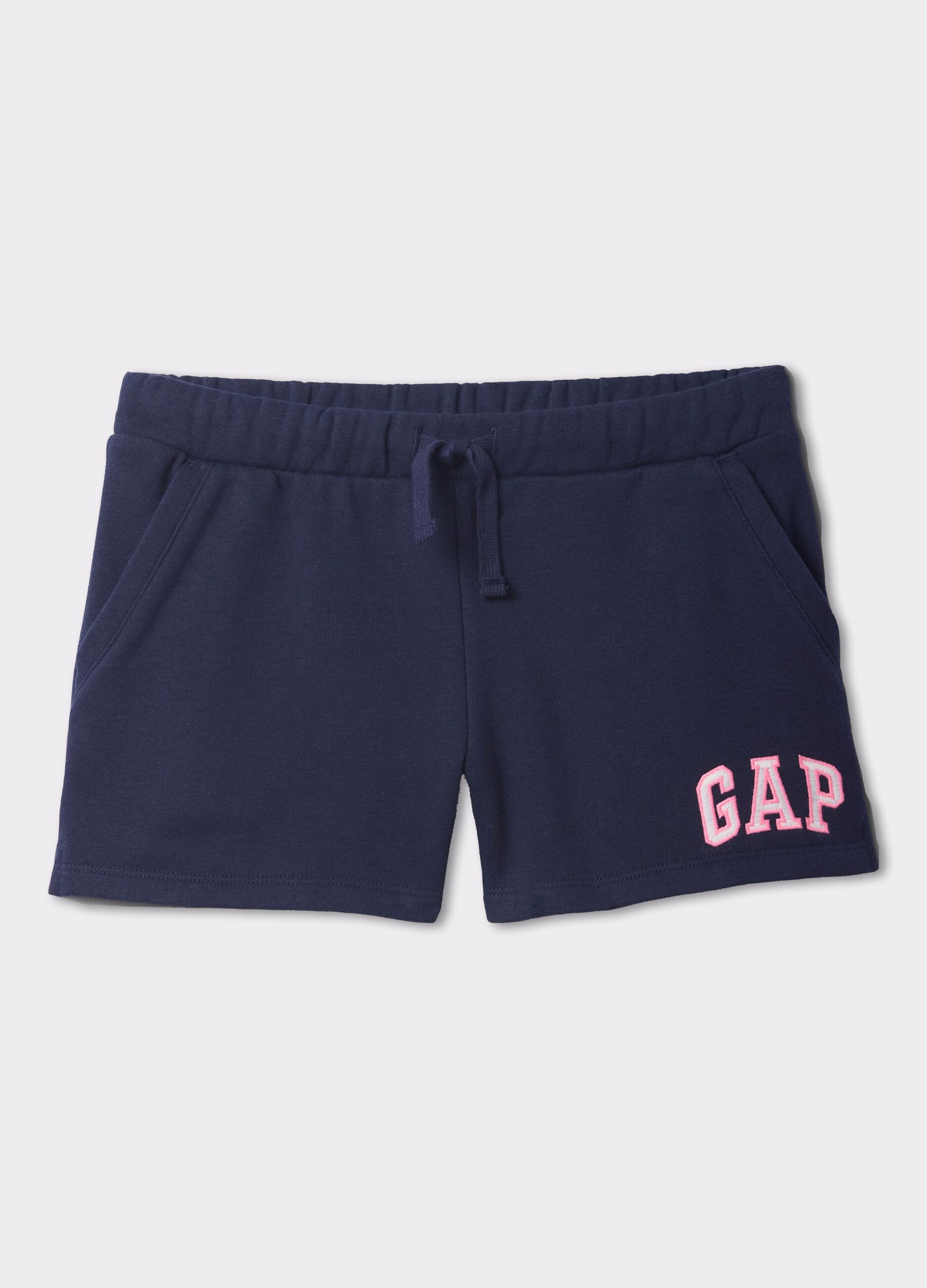Shorts blu con coulisse e patch logo_4