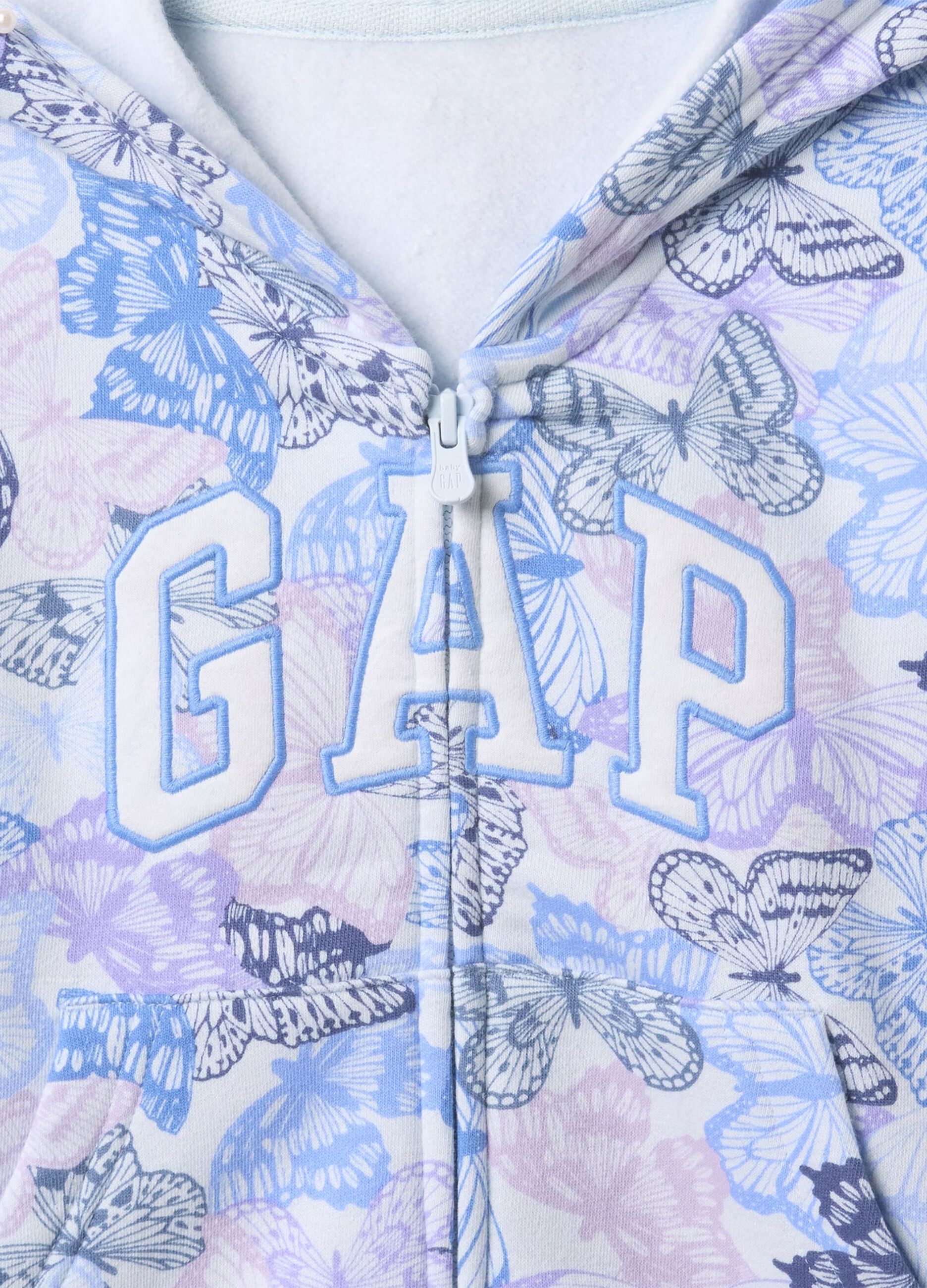 Full-zip azzurra con cappuccio stampa farfalle e ricamo logo_2