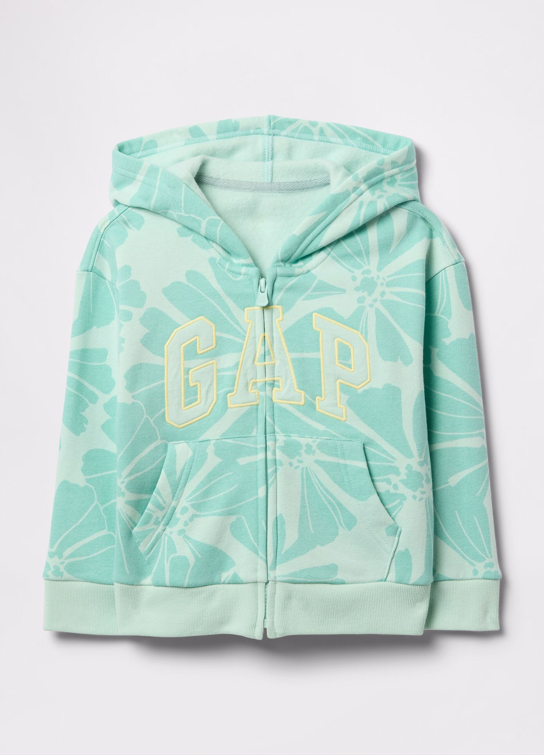 Full-zip azzurra con cappuccio stampa fiori e ricamo logo