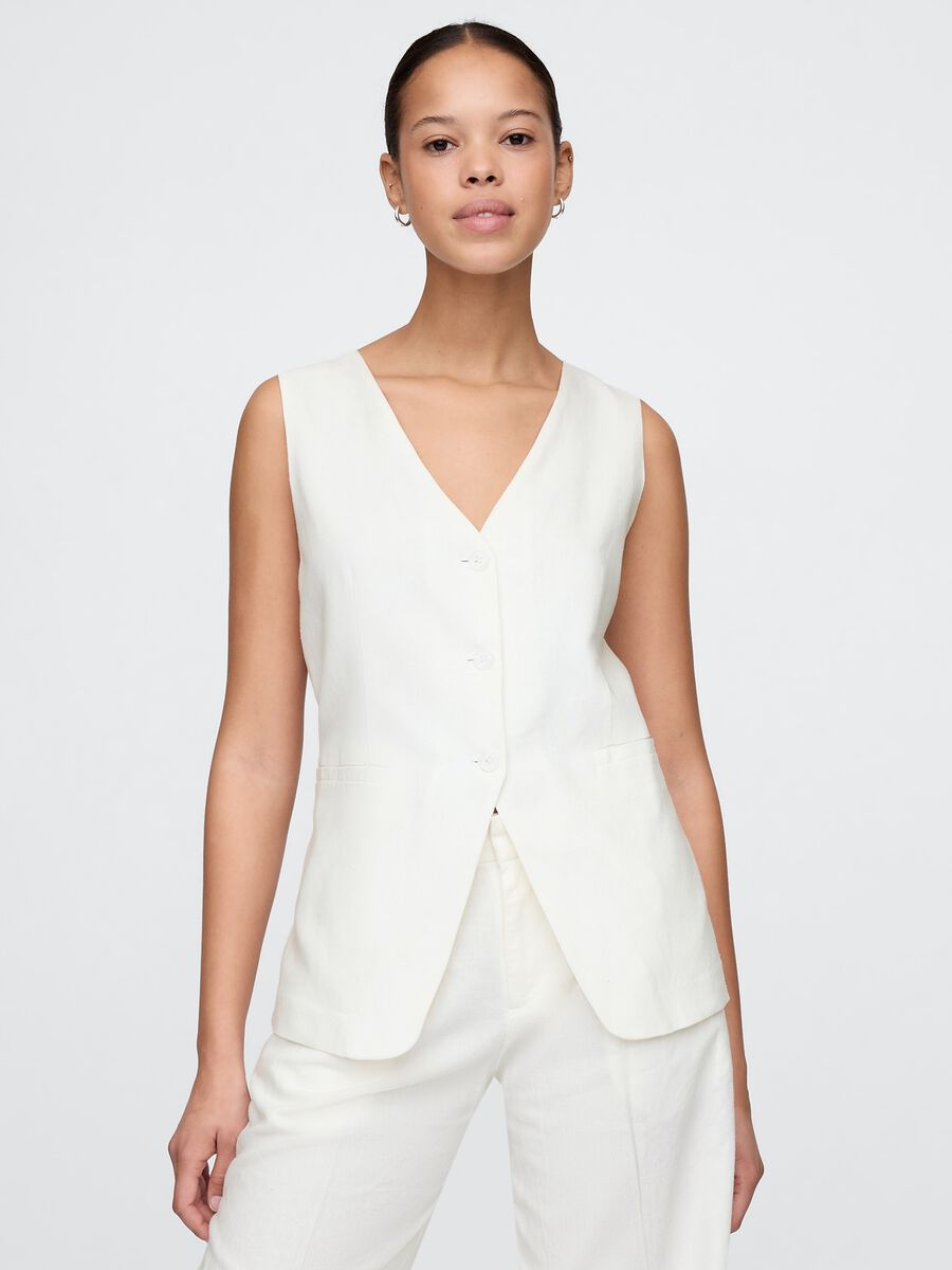 Gilet bianco in lino e viscosa Donna_0