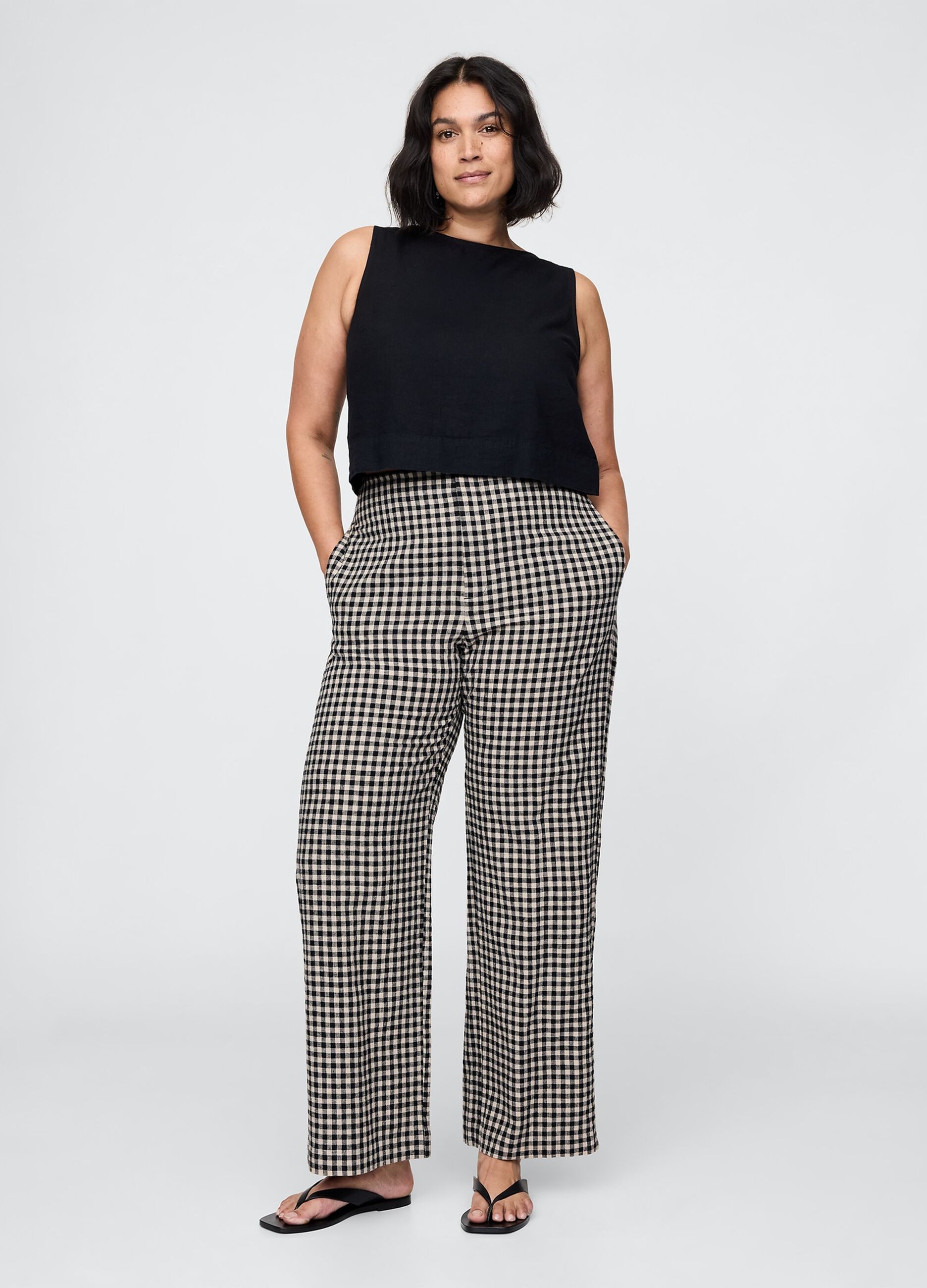 Pantaloni a quadri marrone e nero in lino e viscosa_4