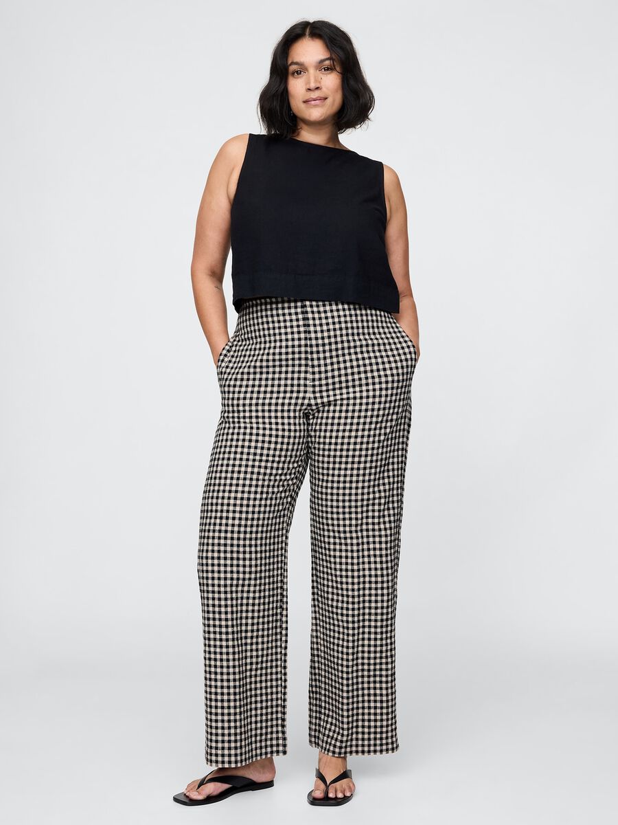 Pantaloni a quadri marrone e nero in lino e viscosa Donna_4