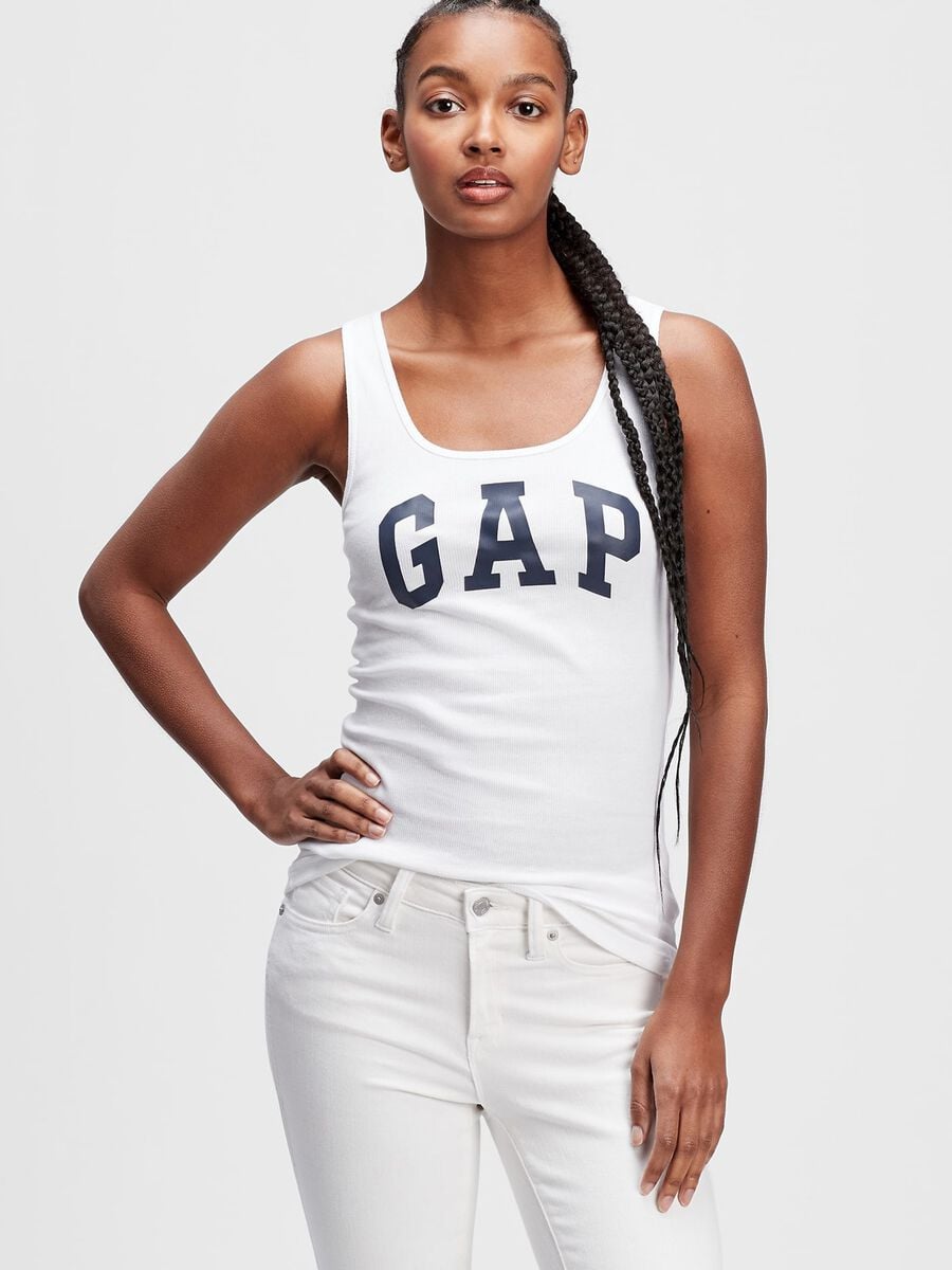 Tank top a costina con stampa logo Donna_0