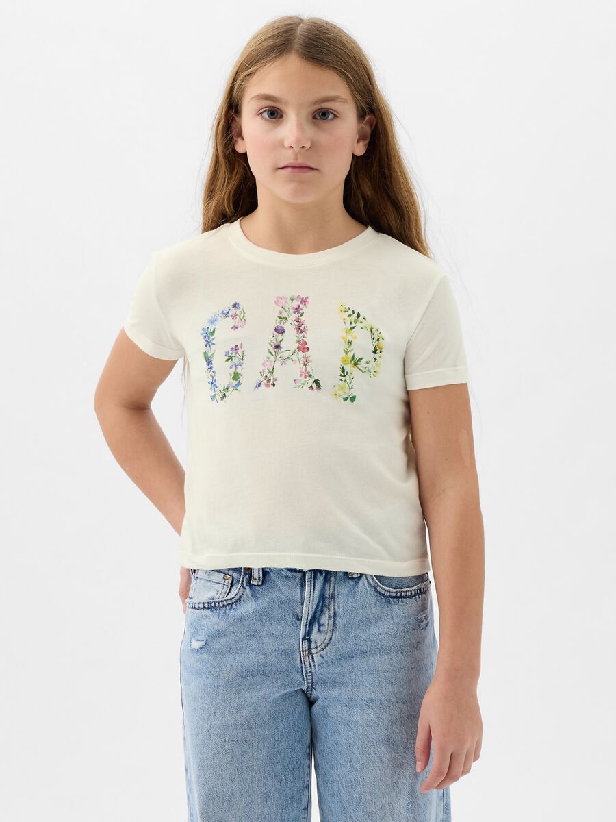 T-shirt crop in cotone con stampa logo Bambina_1