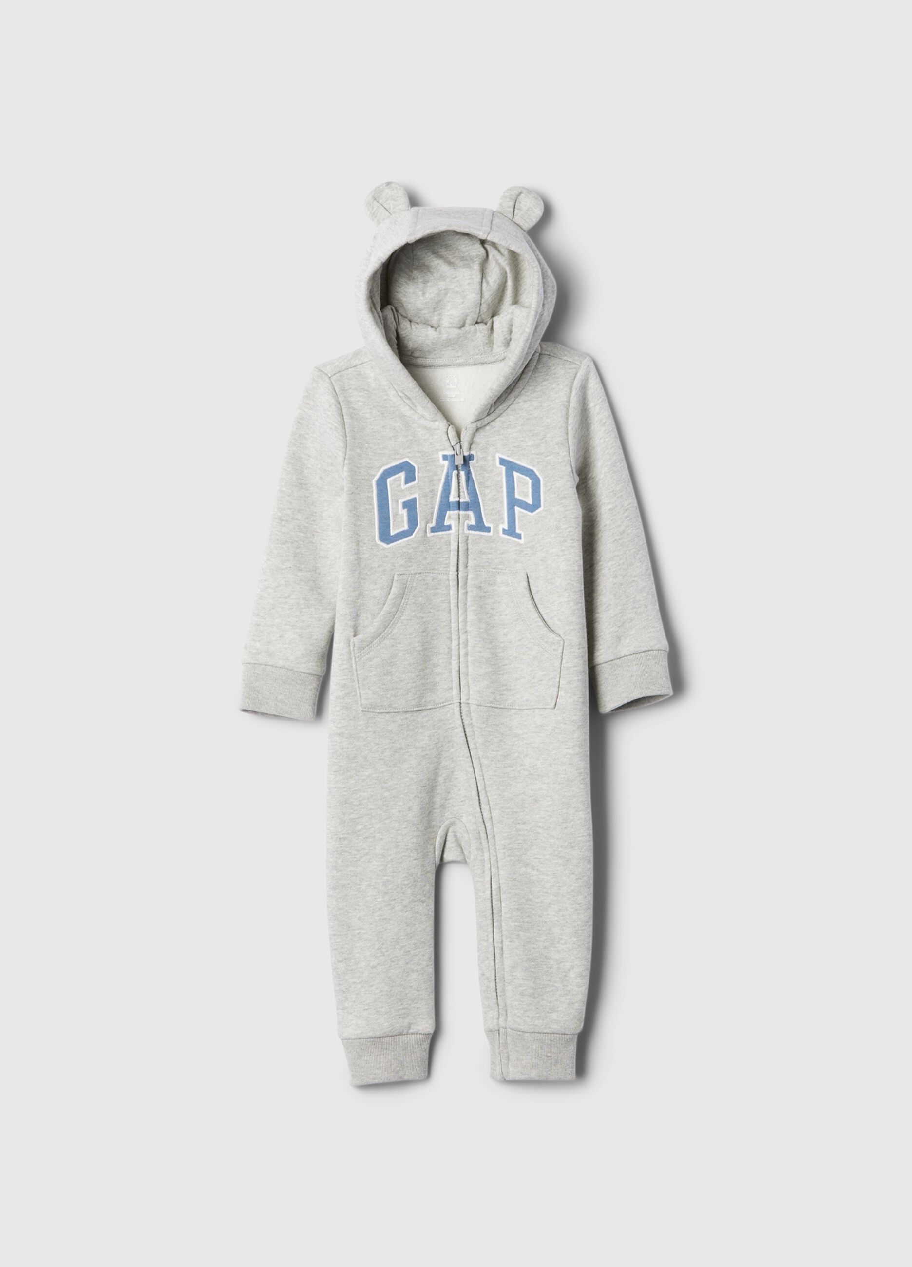 Full-zip onesie with hood and logo embroidery