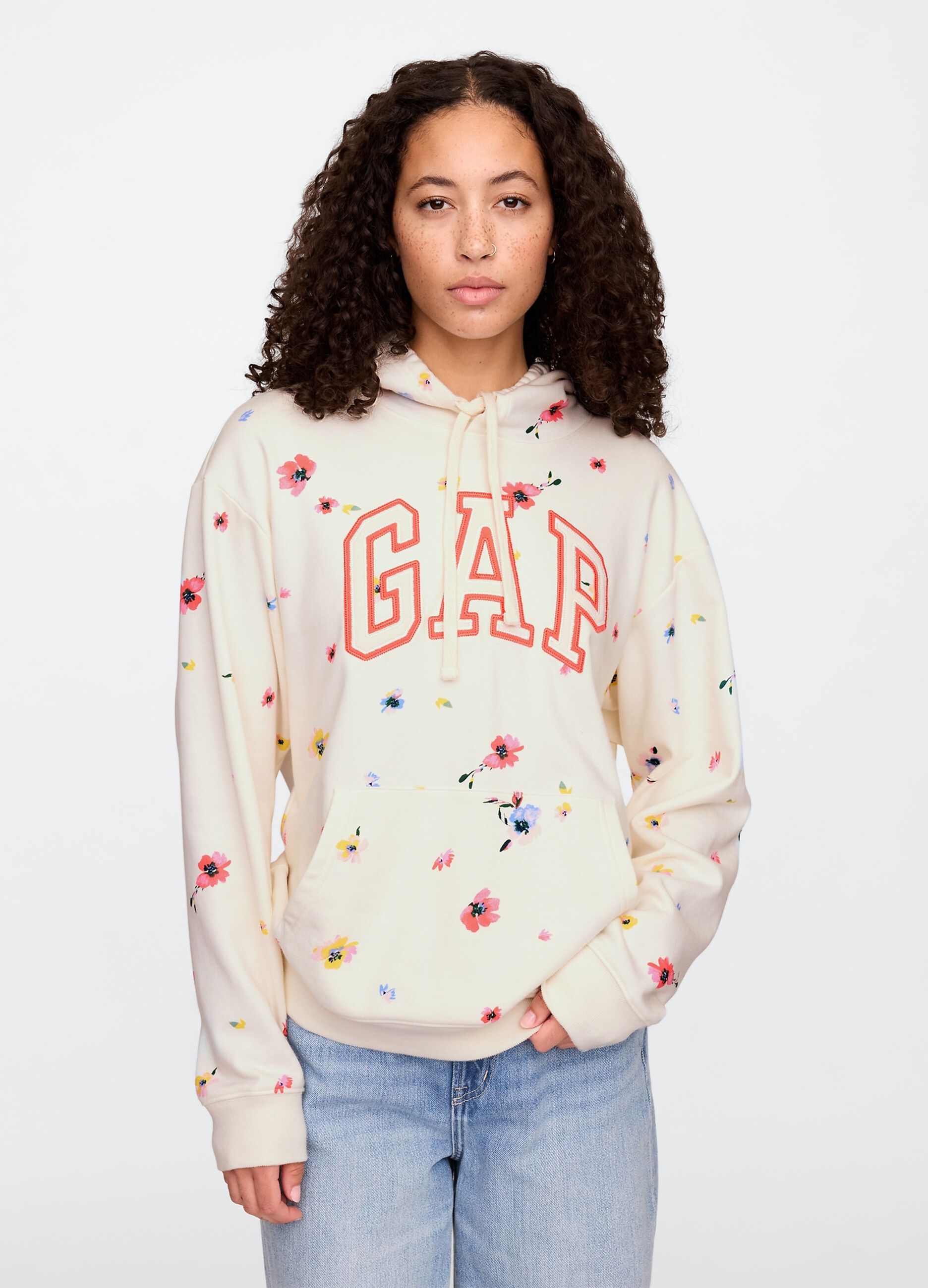 Felpa con cappuccio beige con fiori e logo Gap