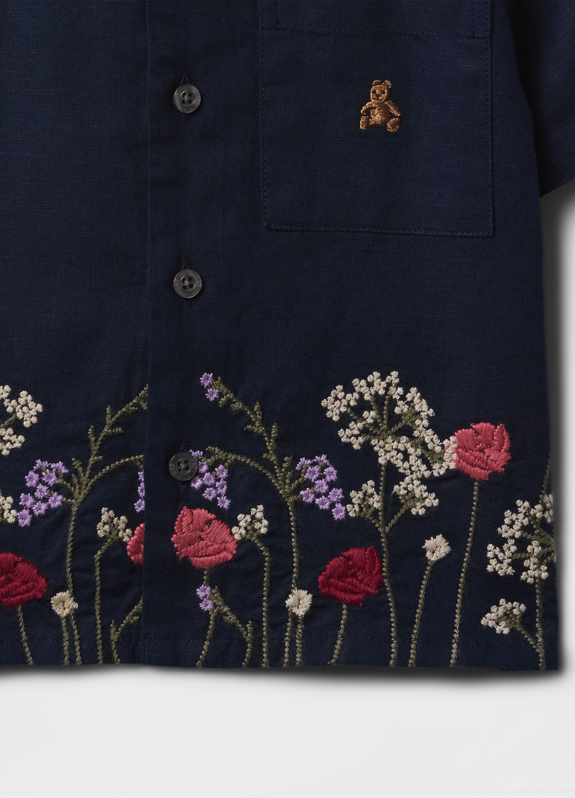 Camicia a maniche corte blu navy con ricami floreali_3