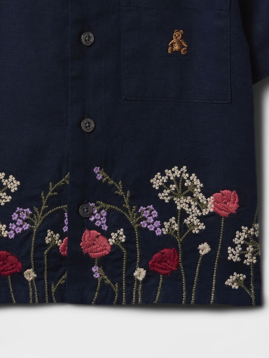 Camicia a maniche corte blu navy con ricami floreali Baby Boy_3