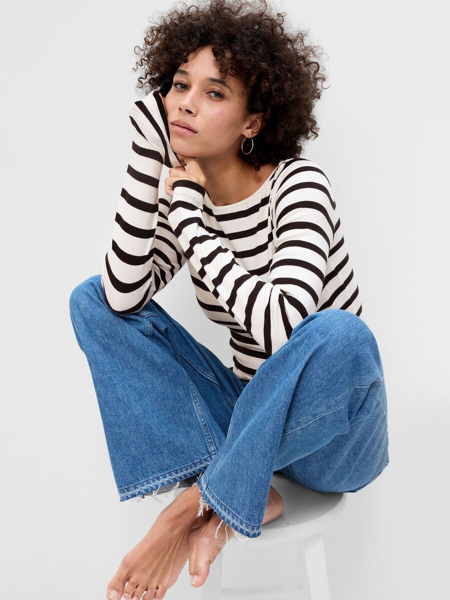 Striped T-shirt with boat neck Woman_0