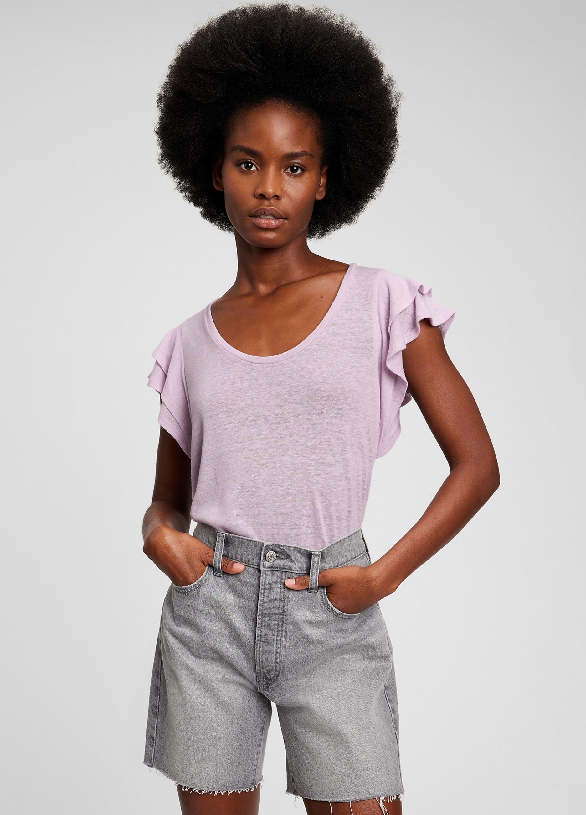 Linen blend T-shirt with butterfly sleeves