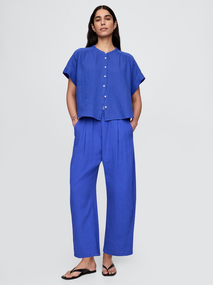 Blusa blu in misto cotone e viscosa con maniche corte Donna_1
