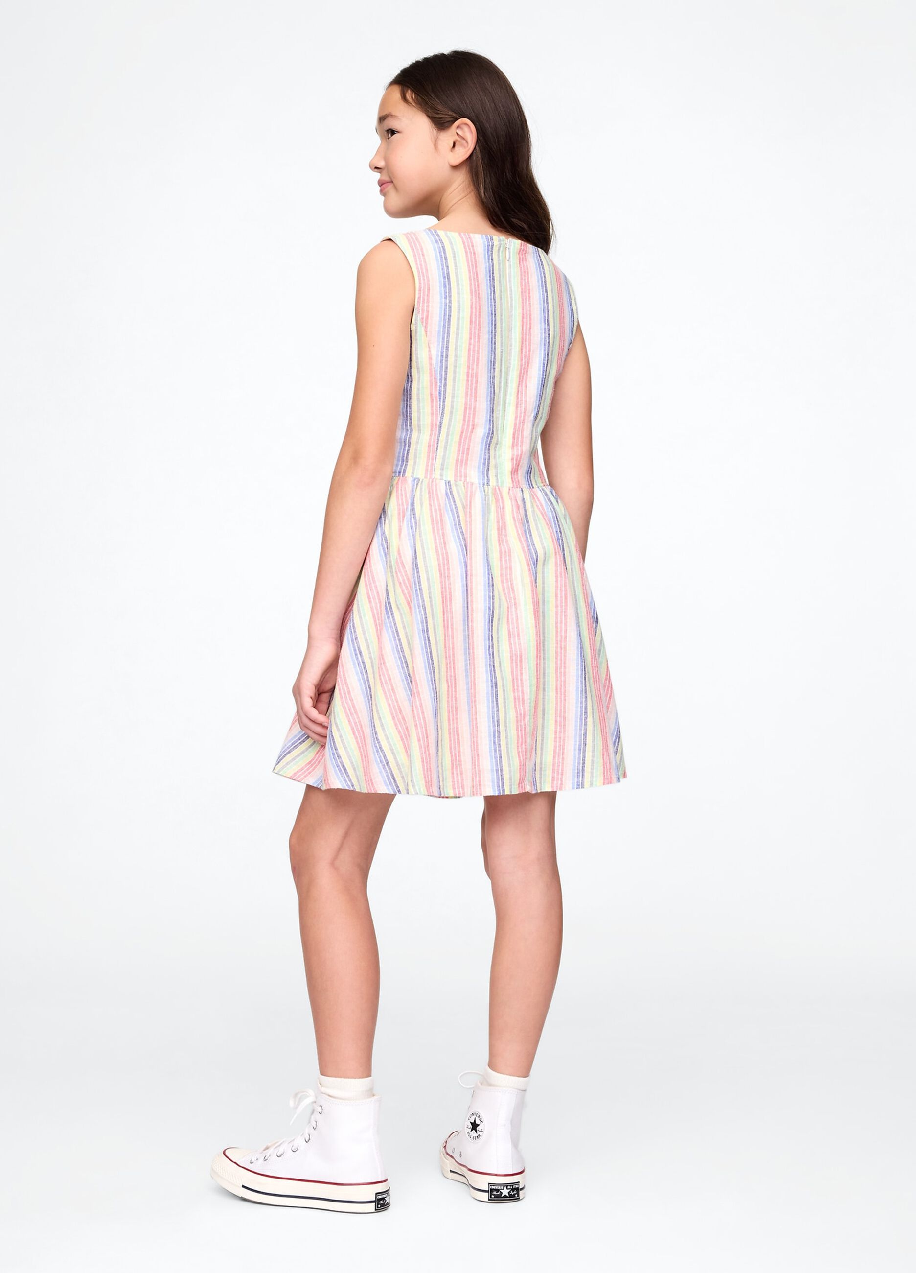 Abito in lino e cotone a righe multicolori per bambina_1