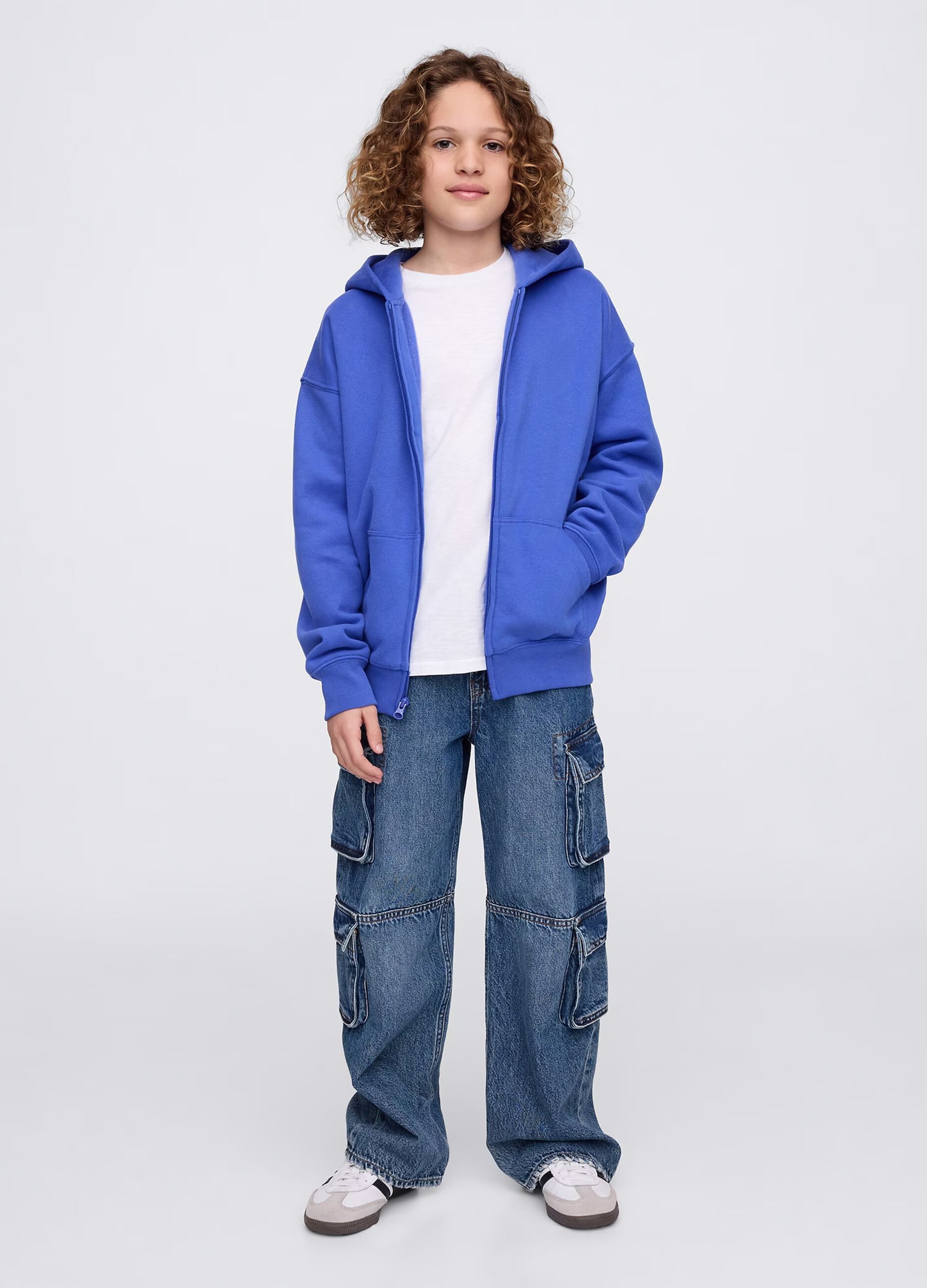 Full-zip blu in cotone con cappuccio_1