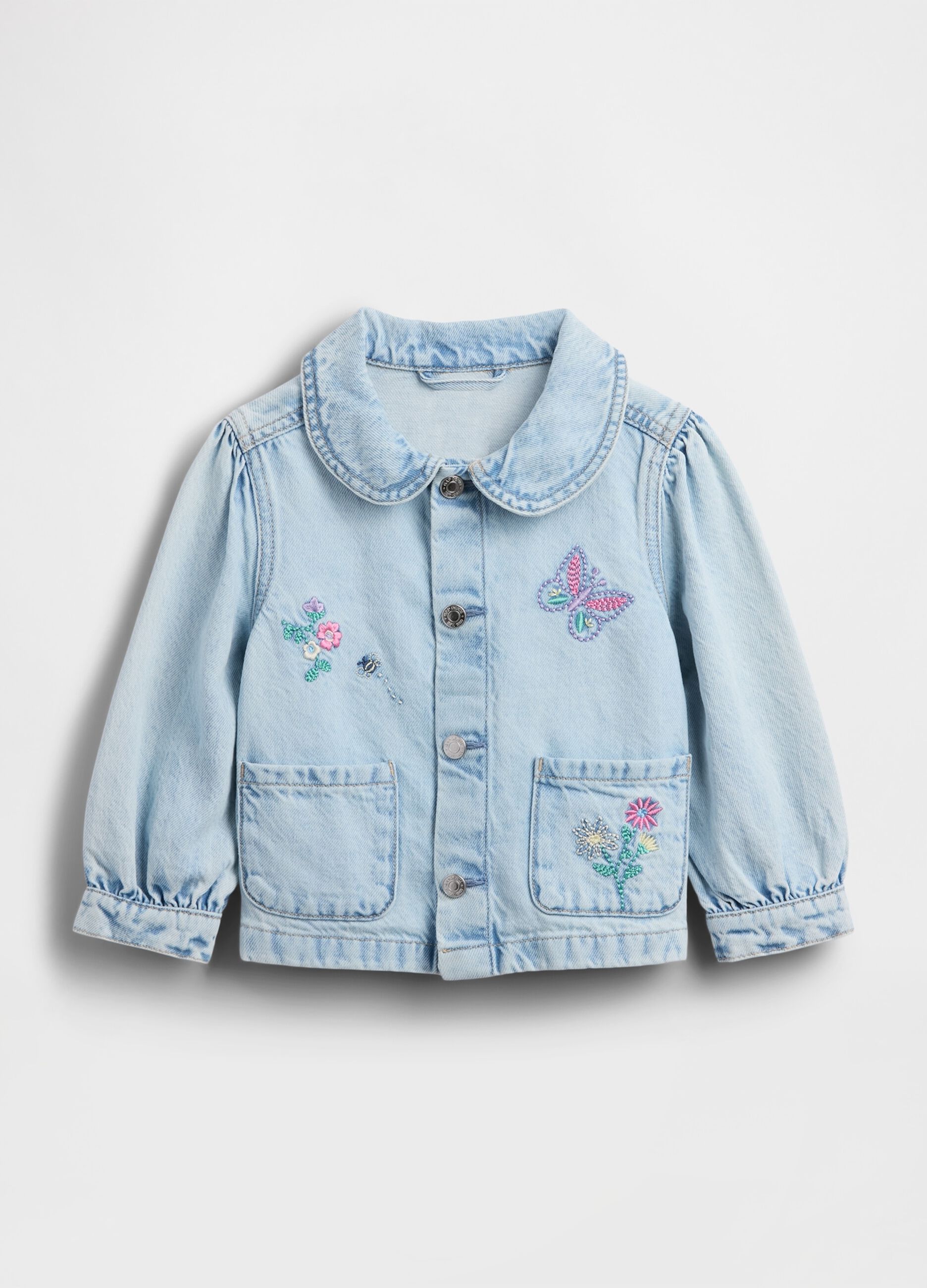 Giacca in puro cotone denim azzurro da neonata con ricami