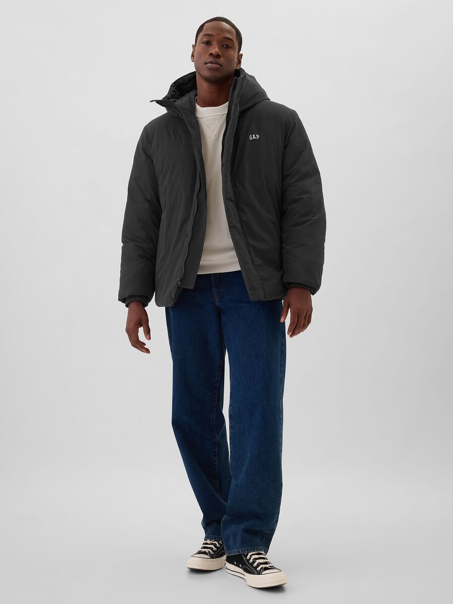 Down jacket with hood and logo embroidery Man_1